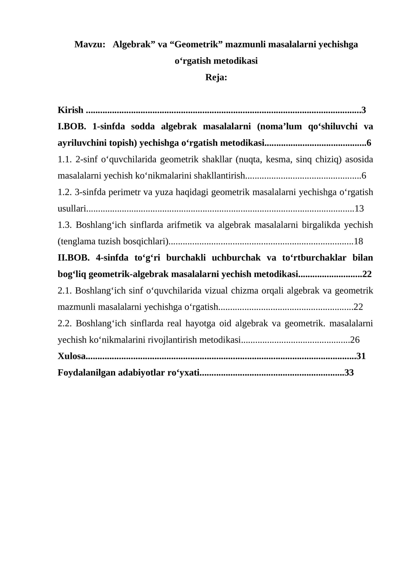 Algebrak” va “Geometrik” mazmunli masalalarni yechishga o‘rgatish metodikasi
