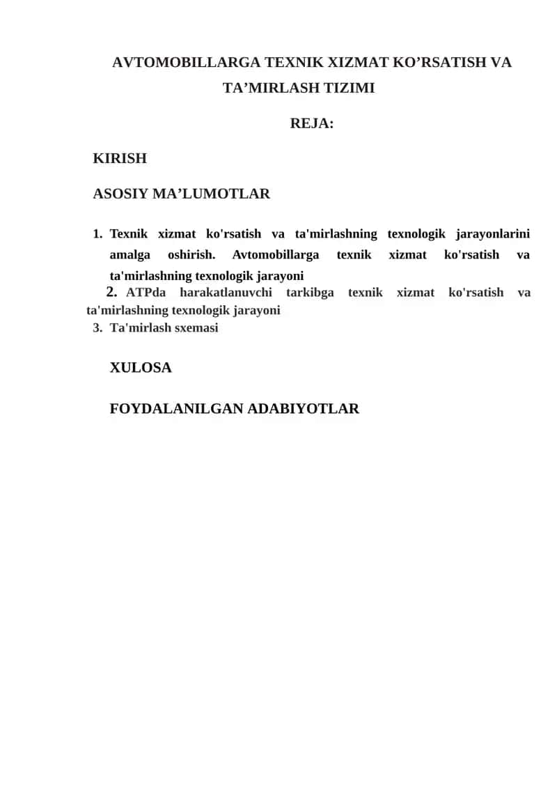 AVTOMOBILLARGA TEXNIK XIZMAT KO’RSATISH VA TA’MIRLASH TIZIMI