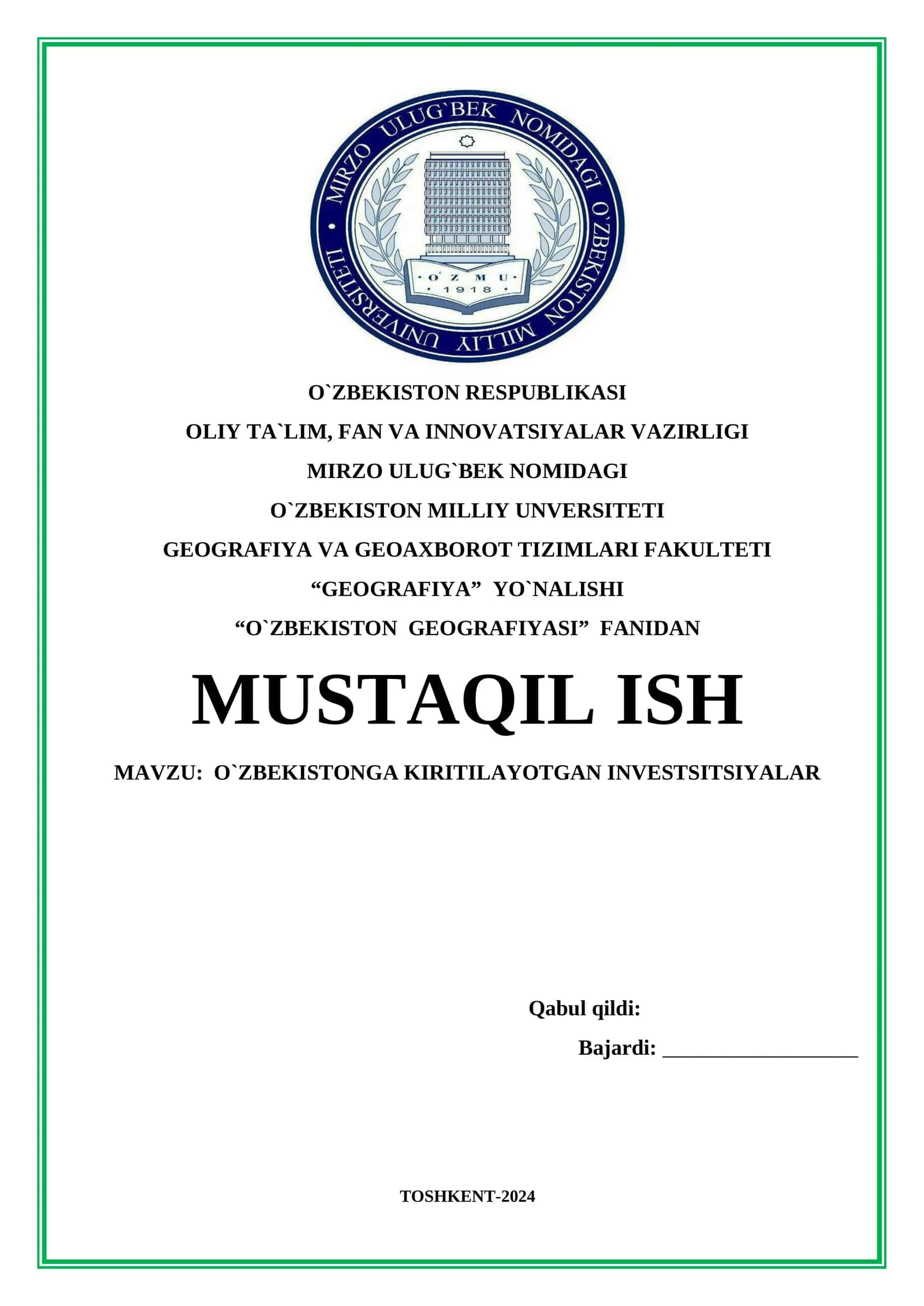 O`ZBEKISTONGA KIRITILAYOTGAN INVESTSITSIYALAR
