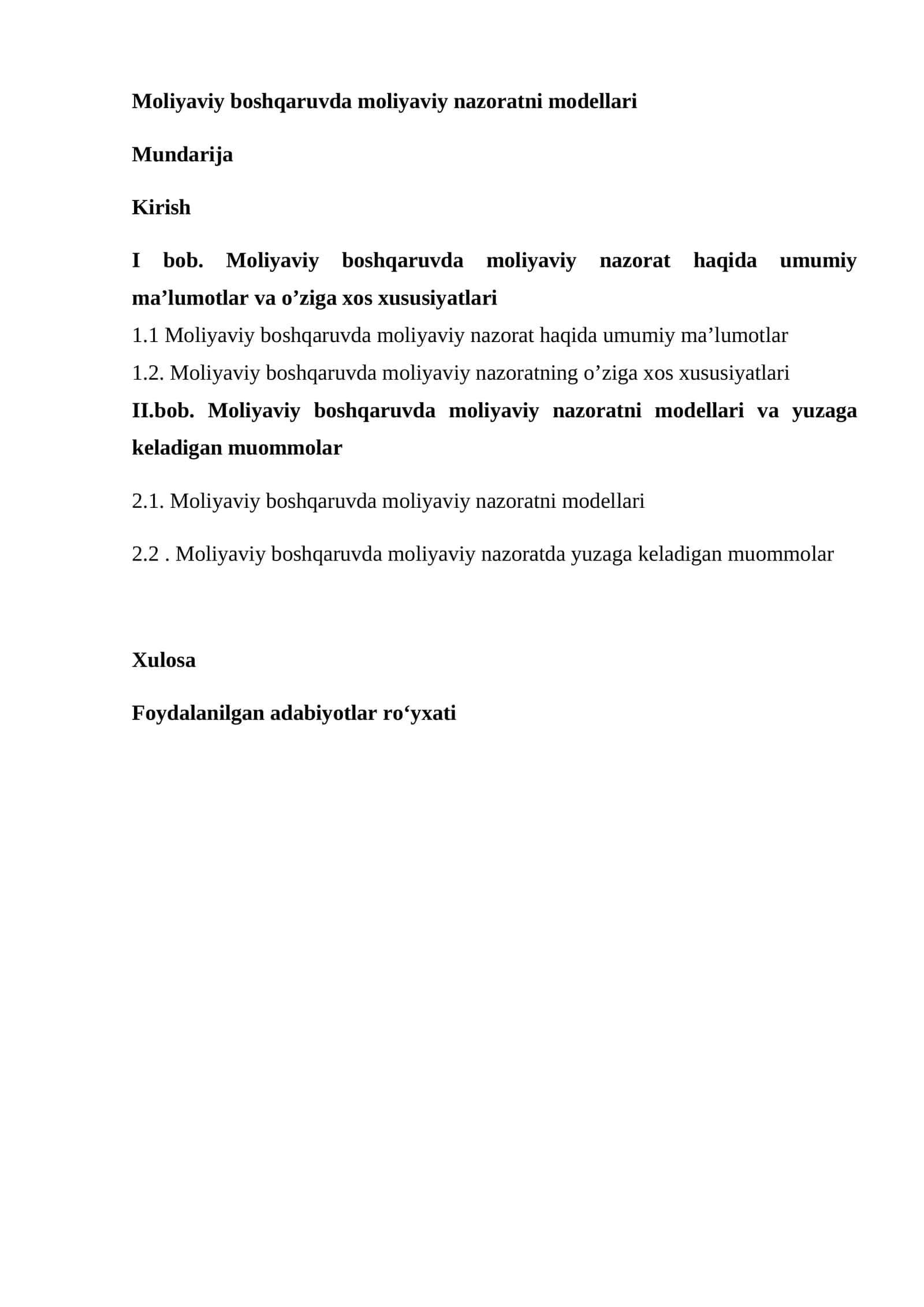 Moliyaviy boshqaruvda moliyaviy nazoratni modellari