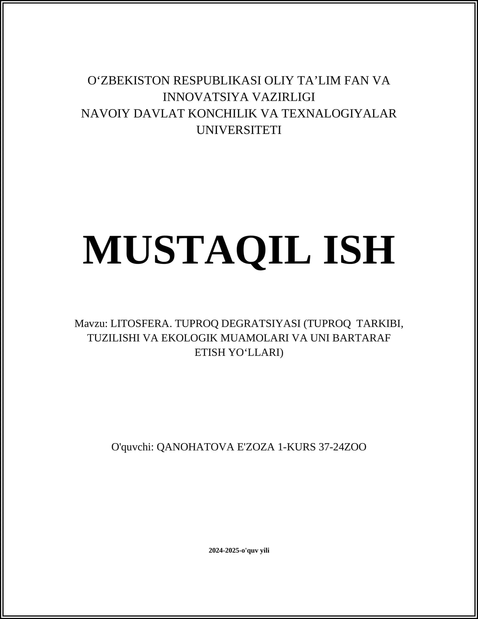 LITOSFERA. TUPROQ DEGRATSIYASI (TUPROQ TARKIBI, TUZILISHI VA EKOLOGIK MUAMOLARI VA UNI BARTARAF ETISH YOʻLLARI)