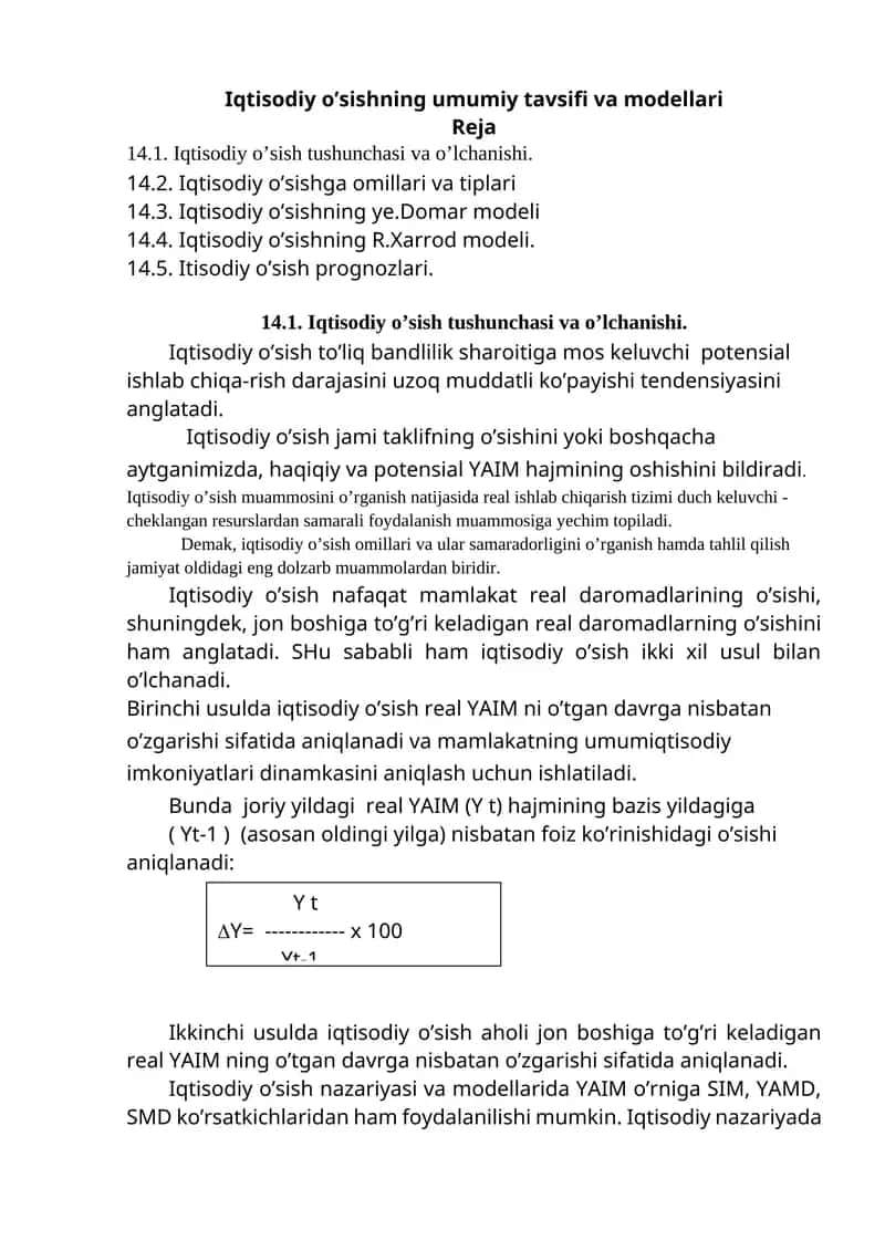 Iqtisodiy o’sishning umumiy tavsifi va modellari
