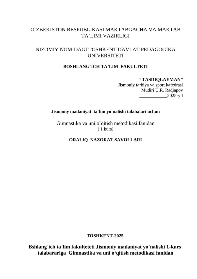 Gimnastika va uni o’qitish metodikasi (1 kurs)