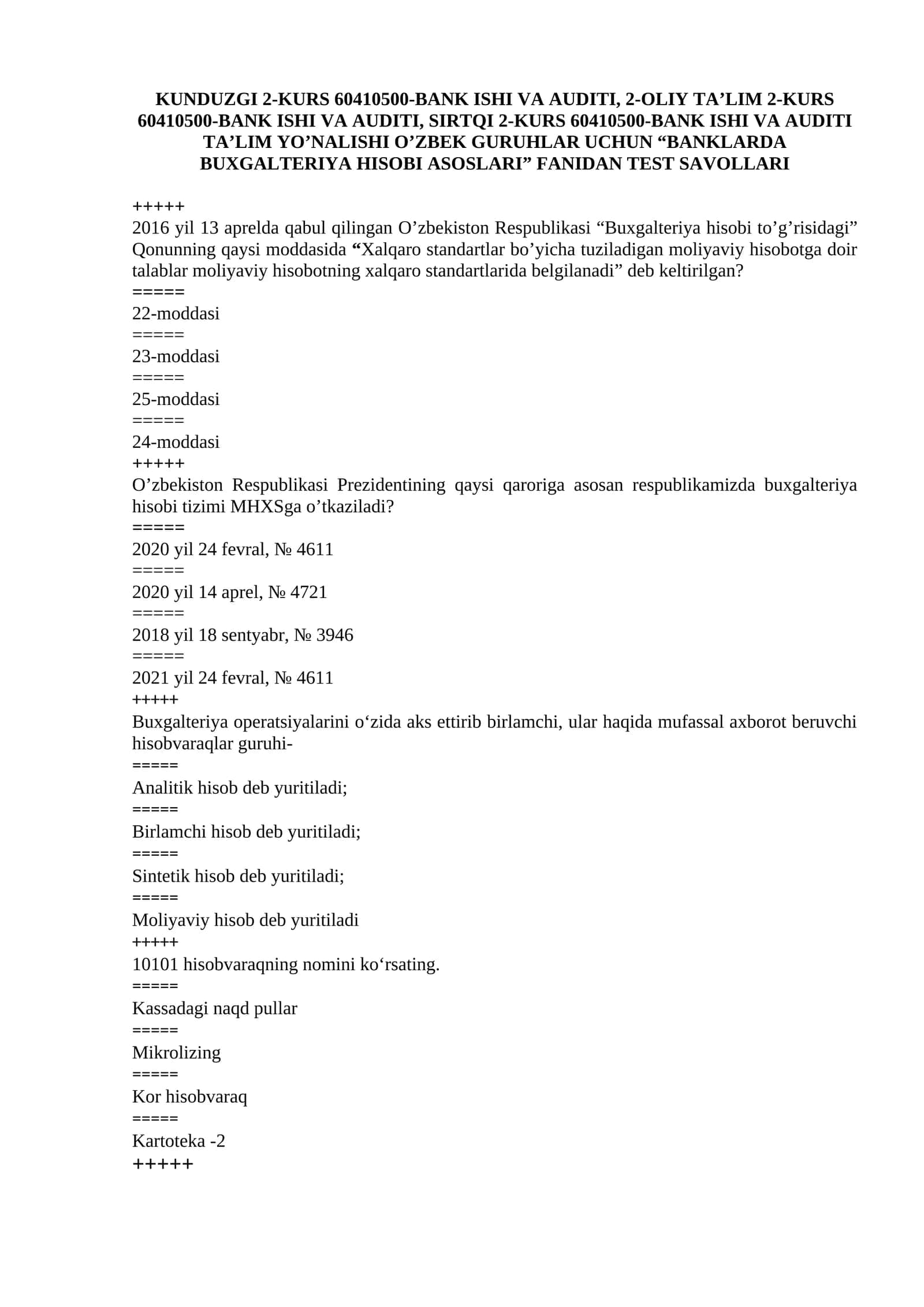 Banklarda buxgalteriya hisobi Test yakuniy