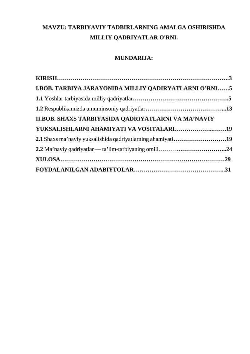 TARBIYAVIY TADBIRLARNING AMALGA OSHIRISHDA MILLIY QADRIYATLAR O'RNI