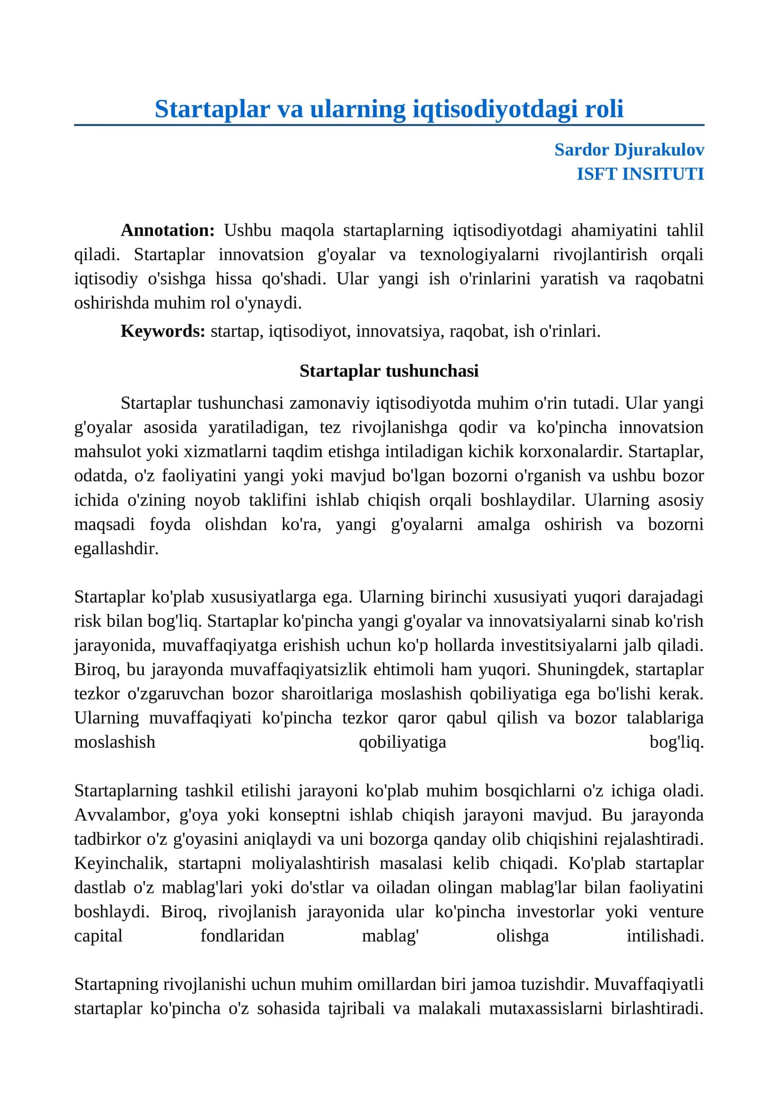 Startaplar va ularning iqtisodiyotdagi roli