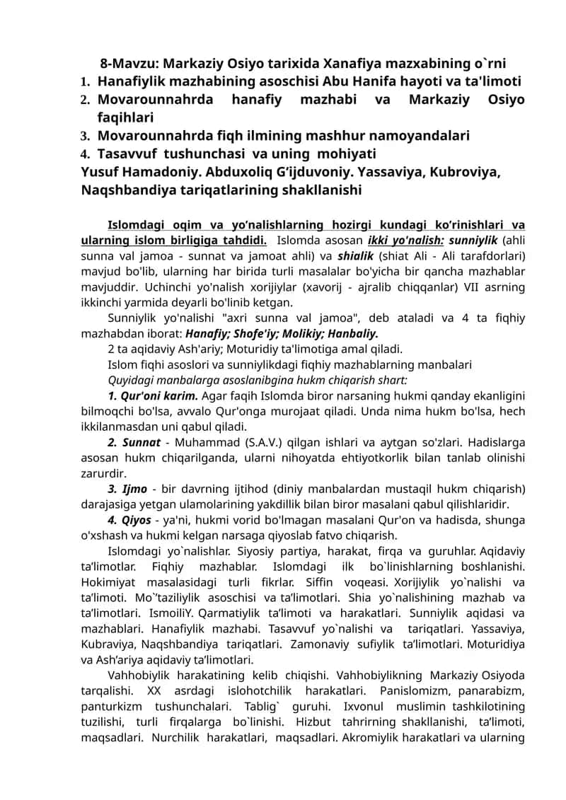 Xanafiya mazxabining o`rni