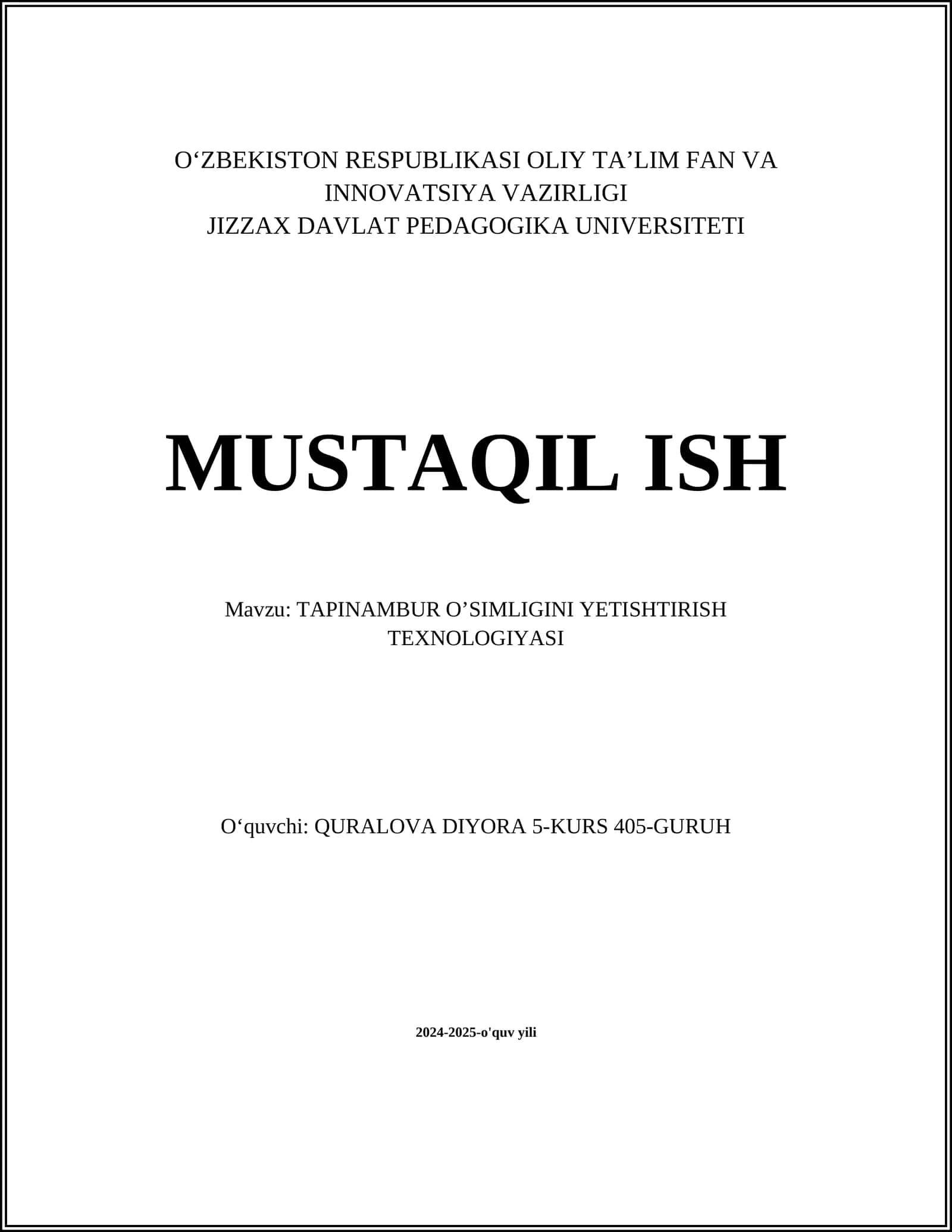 TAPINAMBUR O’SIMLIGINI YETISHTIRISH TEXNOLOGIYASI