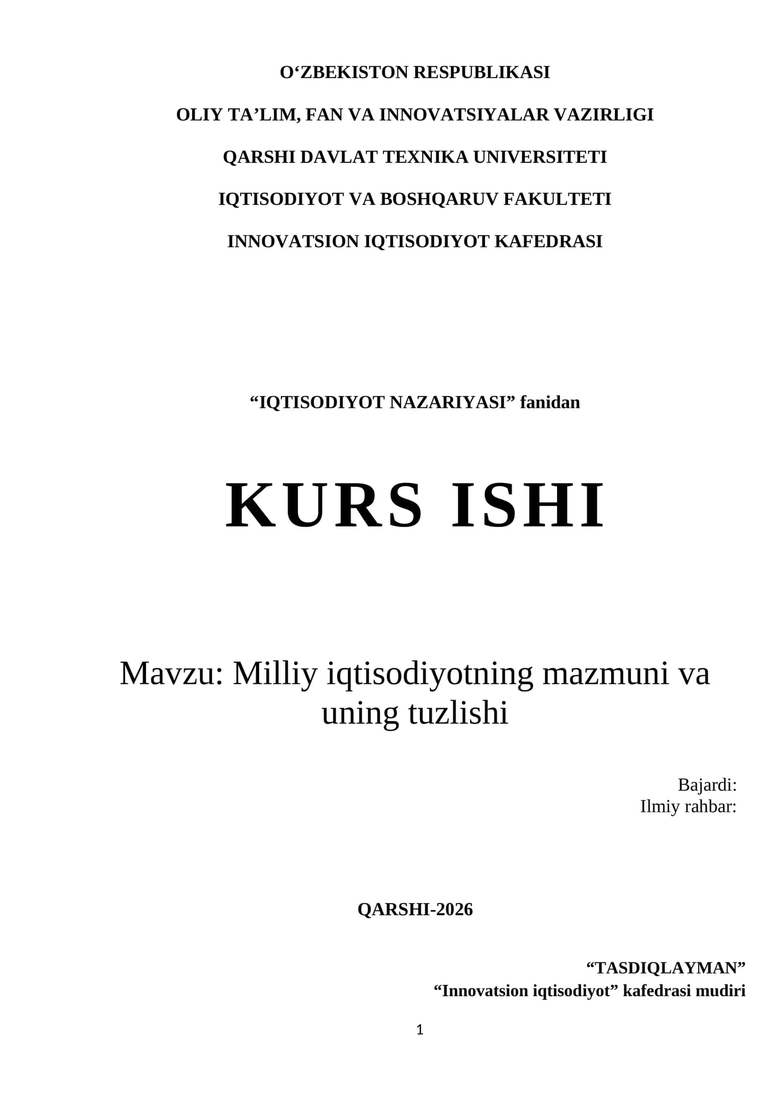 Milliy iqtisodiyotning mazmuni va uning tuzlishi