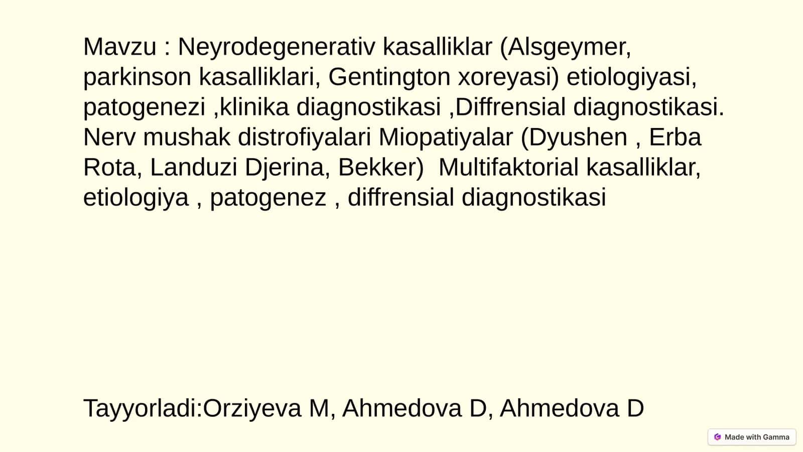 Neyrodegenerativ kasalliklar (Alsgeymer, parkinson kasalliklari, Gentington xoreyasi) etiologiyasi, patogenezi,klinika diagnostikasi,Diffrensial diagnostikasi. Nerv mushak distrofiyalari Miopatiyalar (Dyushen, Erba Rota, Landuzi Djerina, Bekker) Multifaktorial kasalliklar, etiologiya, patogenez, diffrensial diagnostikasi