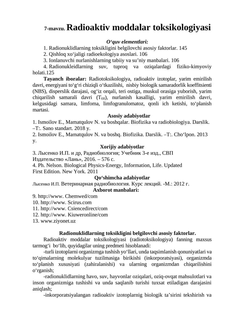 7-mavzu. Radioaktiv moddalar toksikologiyasi
