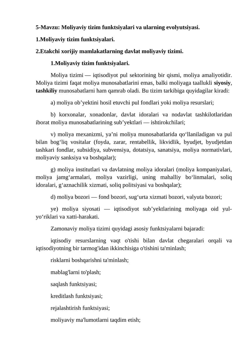 Moliyaviy tizim funktsiyalari va ularning evolyutsiyasi