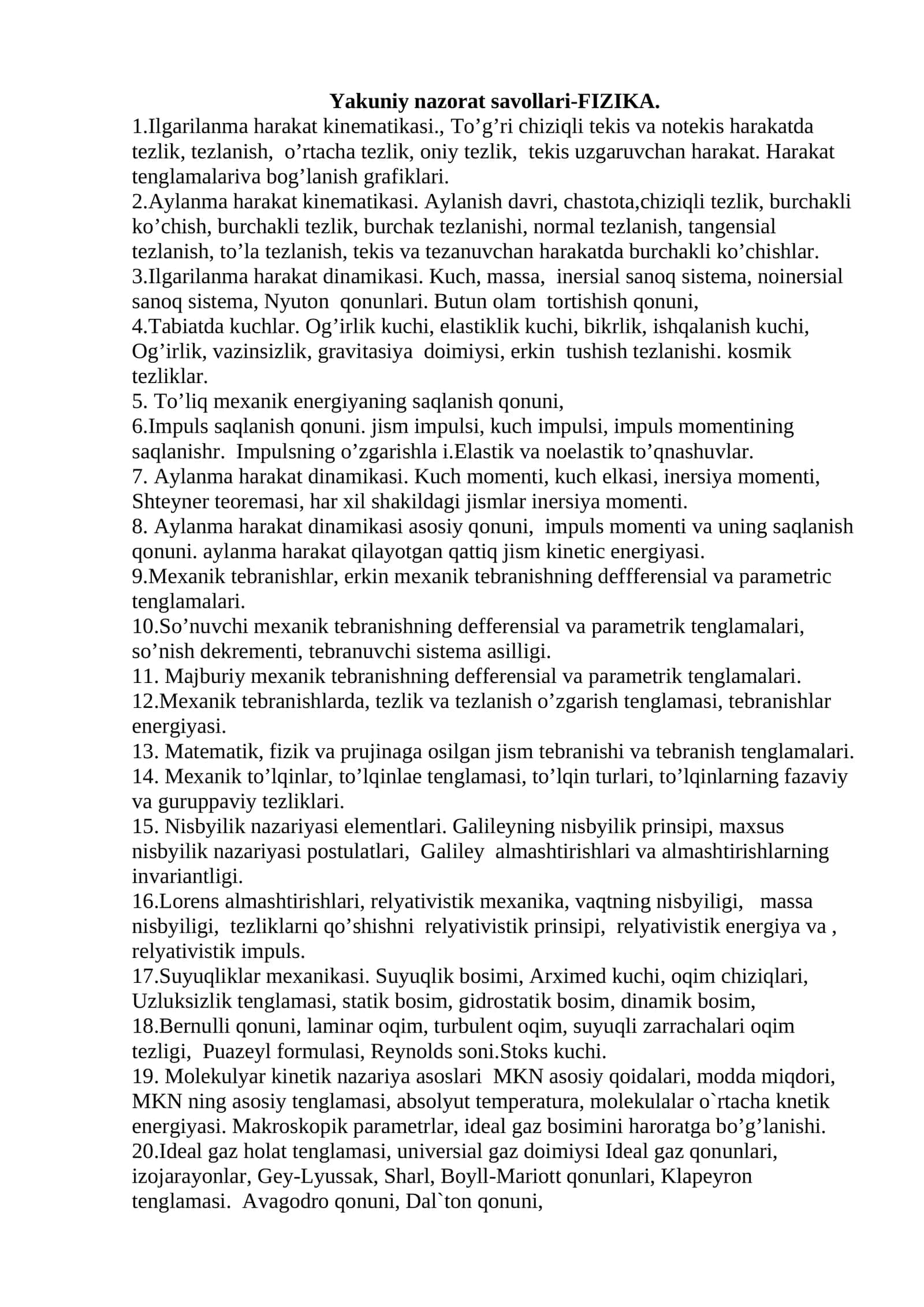 Yakuniy nazorat savollari-FIZIKA
