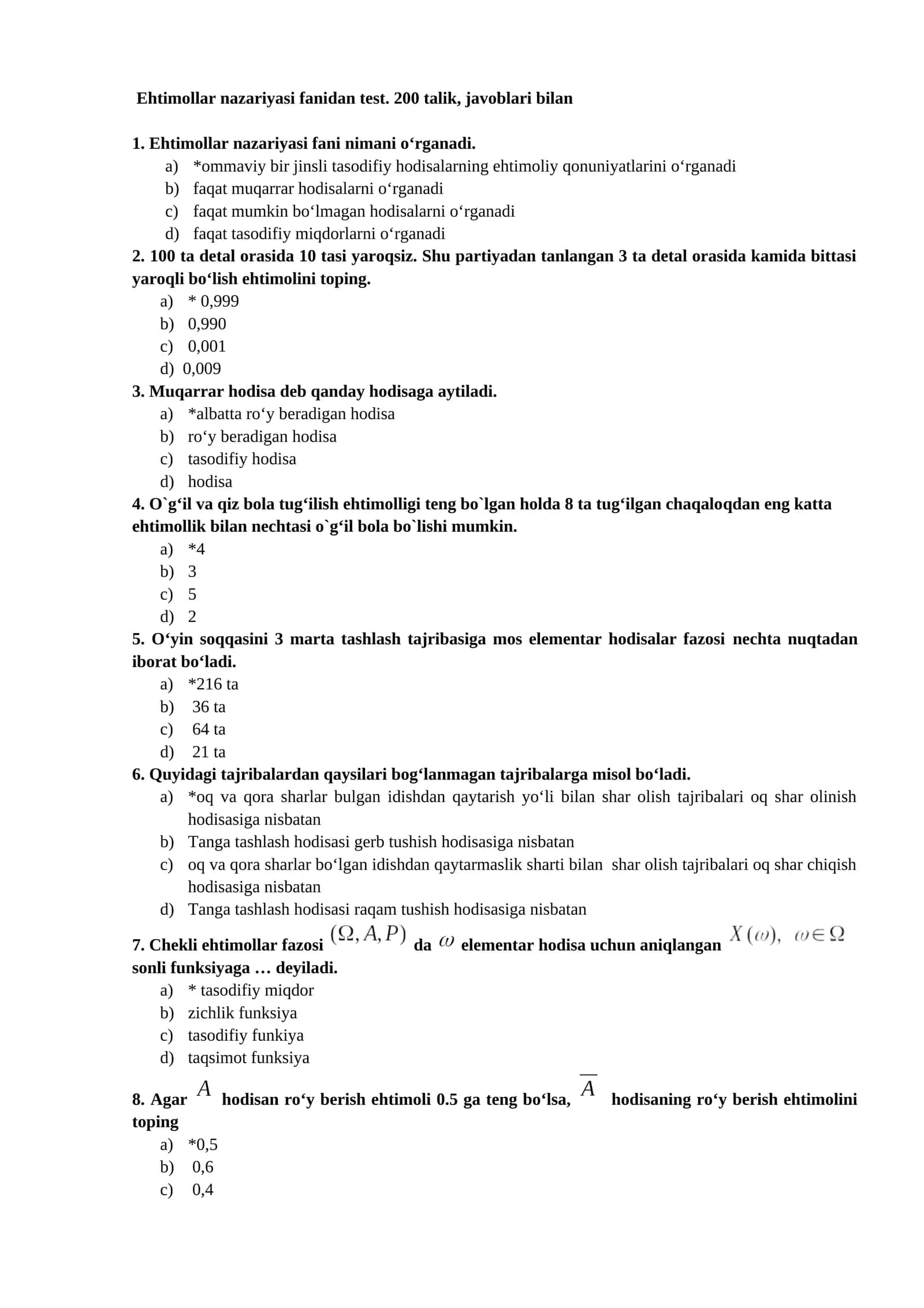Ehtimollar nazariyasi fanidan test