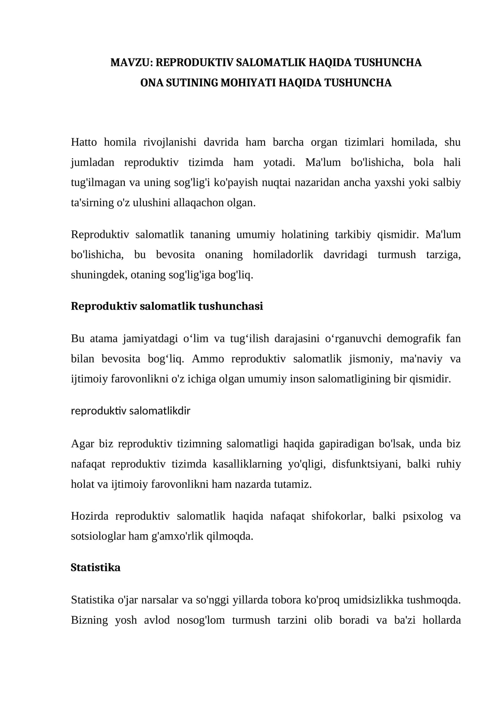 REPRODUKTIV SALOMATLIK HAQIDA TUSHUNCHA