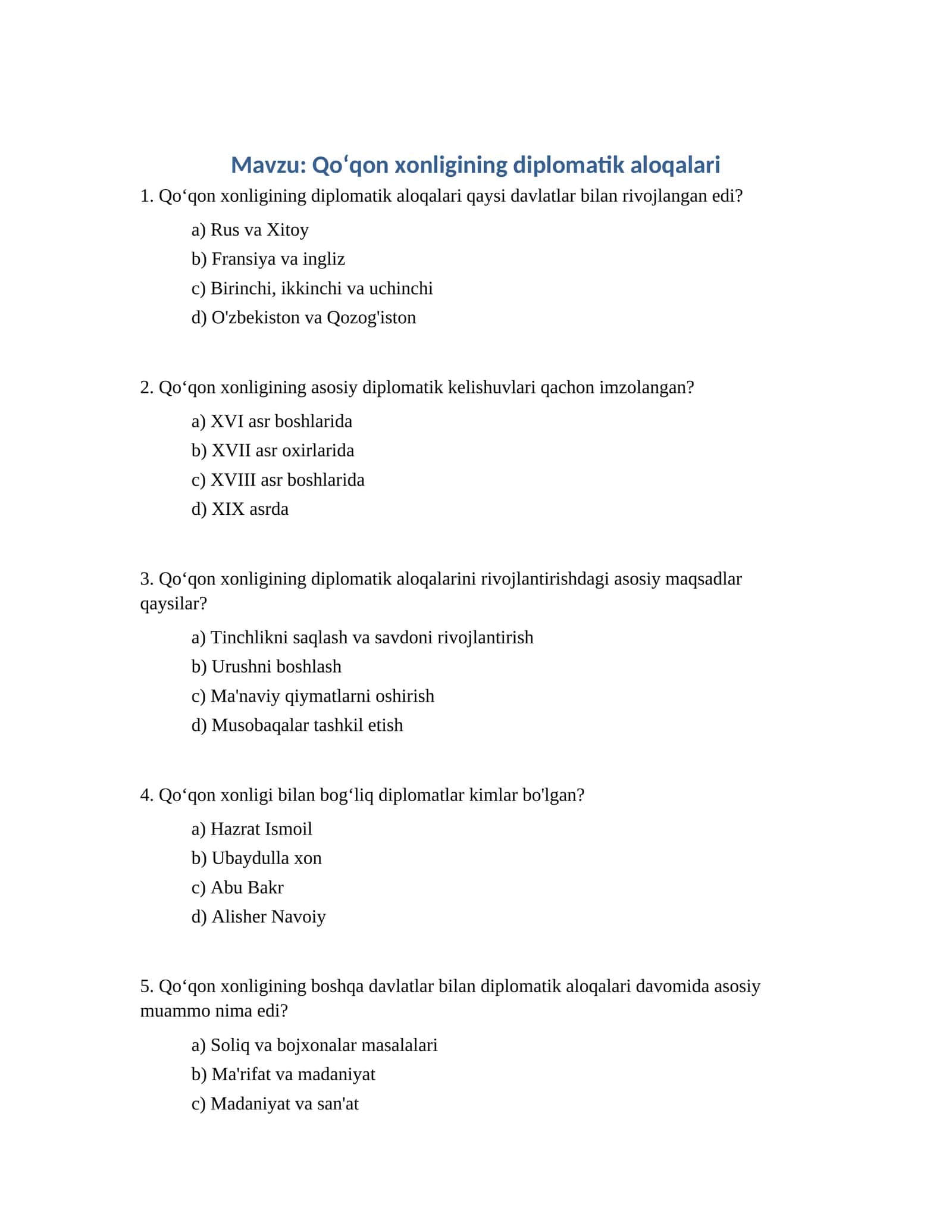 Qoʻqon xonligining diplomatik aloqalari
