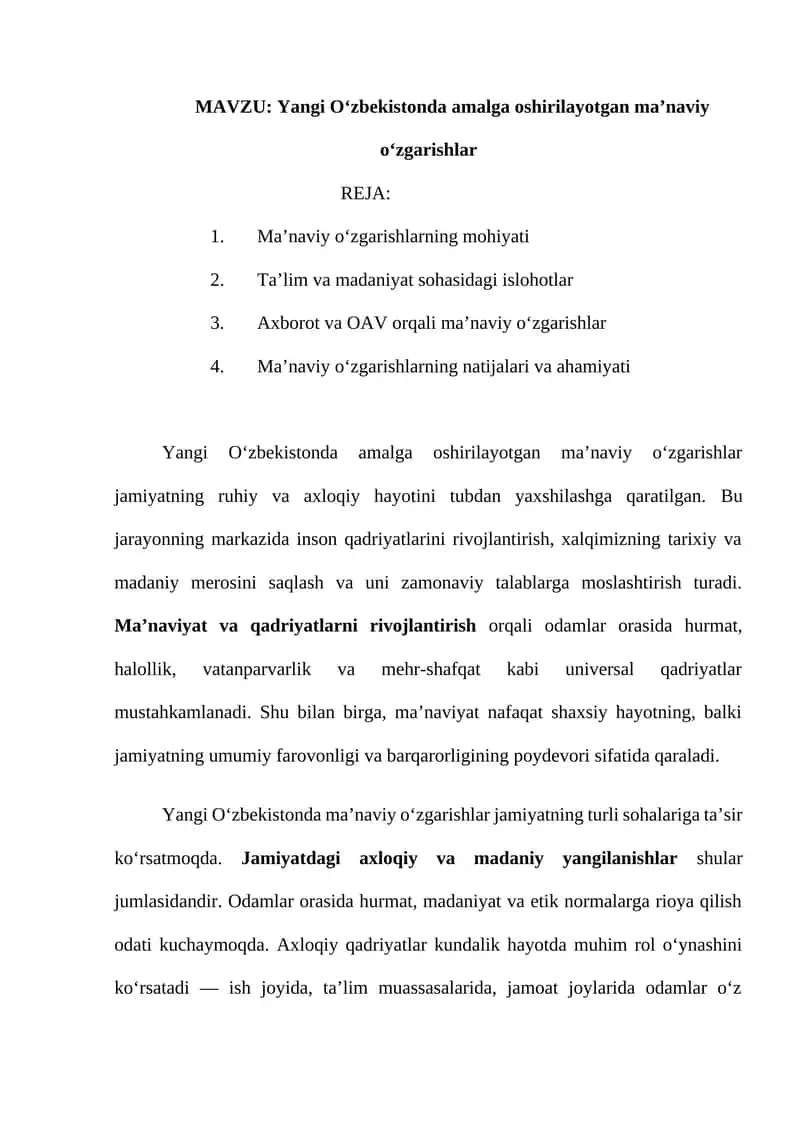 Yangi O‘zbekistonda amalga oshirilayotgan ma’naviy o‘zgarishlar