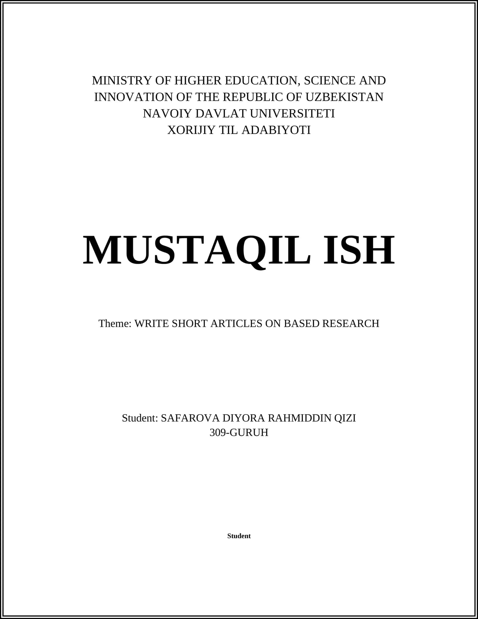 XORIJIY TIL ADABIYOTI MUSTAQIL ISH