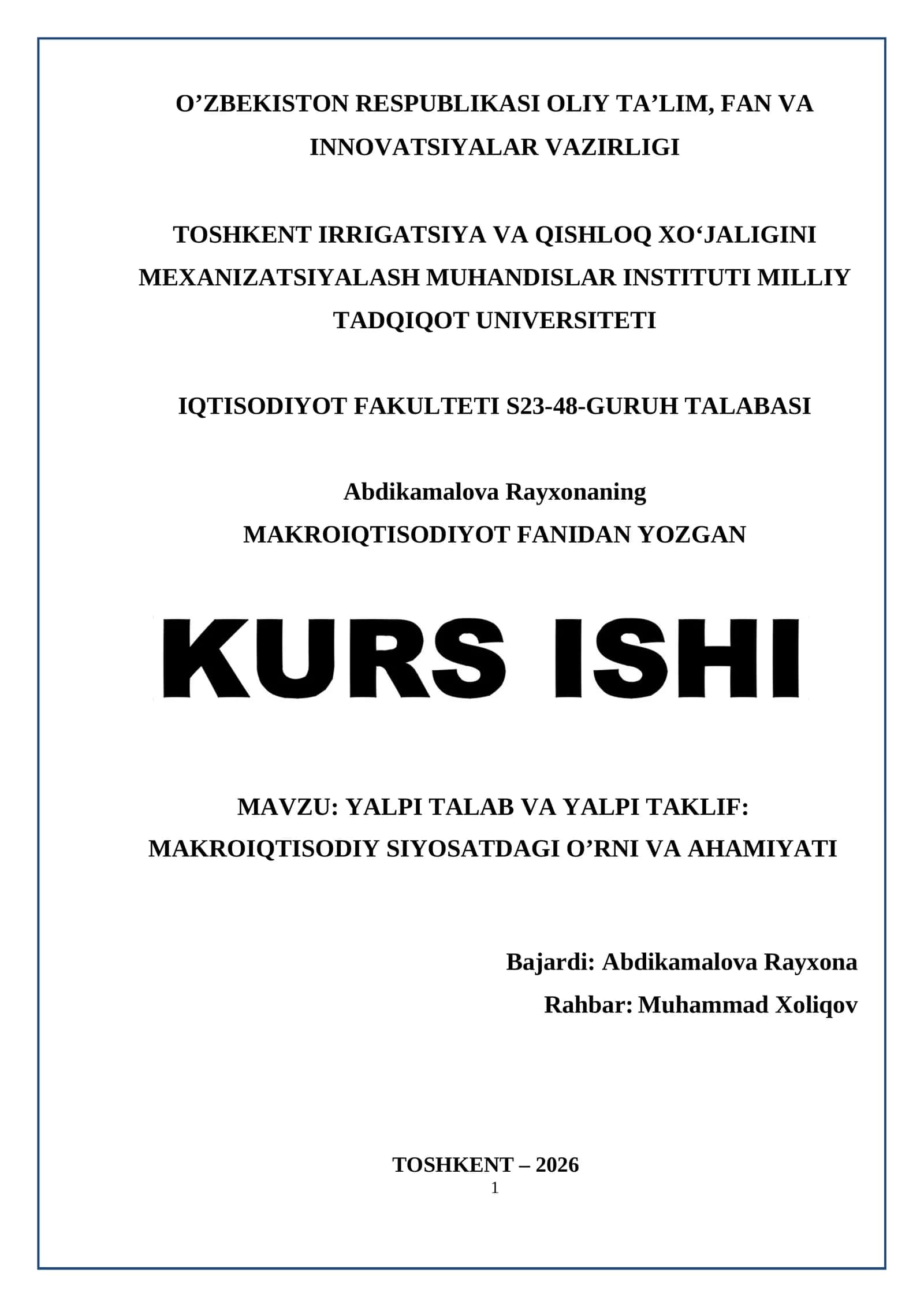 MAKROIQTISODIYOT FANIDAN YOZGAN