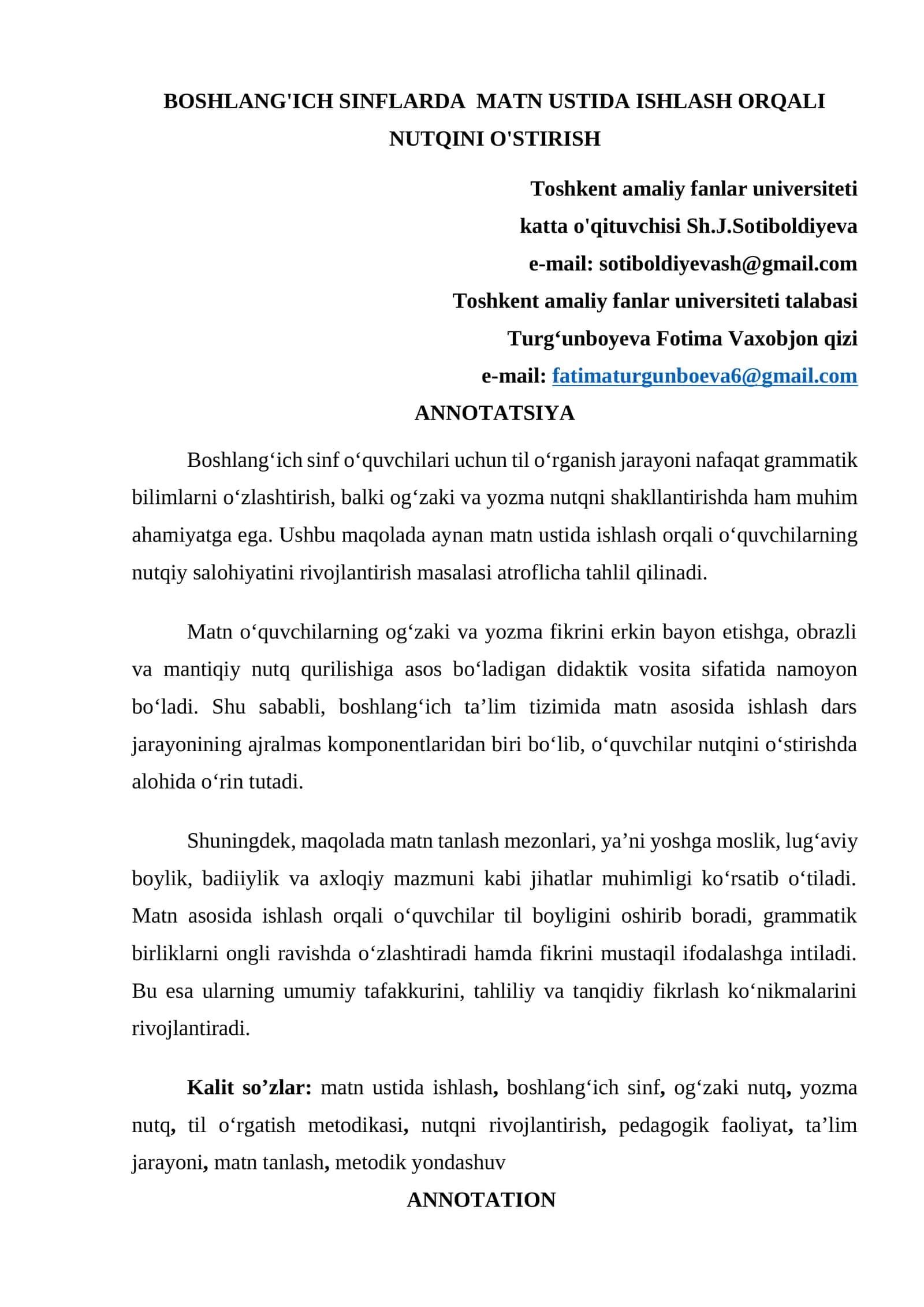 BOSHLANG'ICH SINFLARDA MATN USTIDA ISHLASH ORQALI NUTQINI O'STIRISH