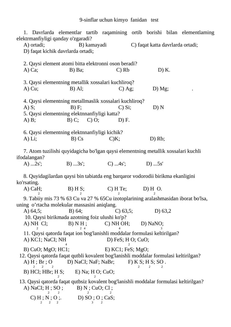 9-sinflar uchun kimyo fanidan test