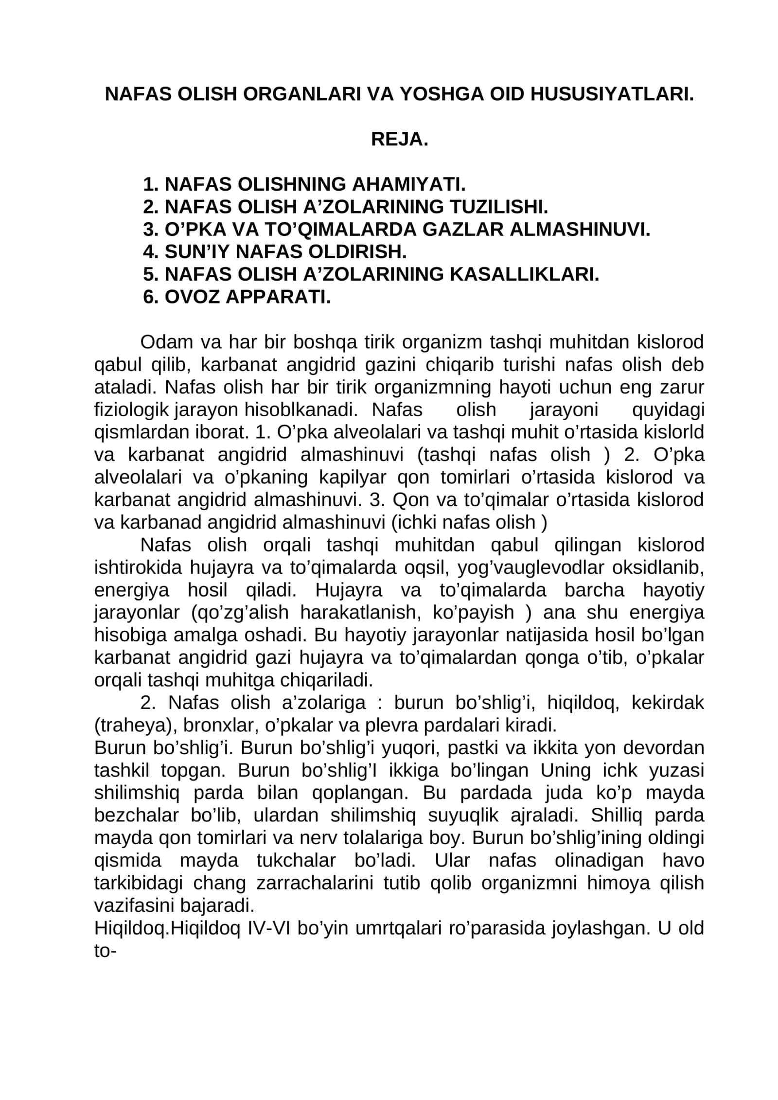 NAFAS OLISH ORGANLARI VA YOSHGA OID HUSUSIYATLARI
