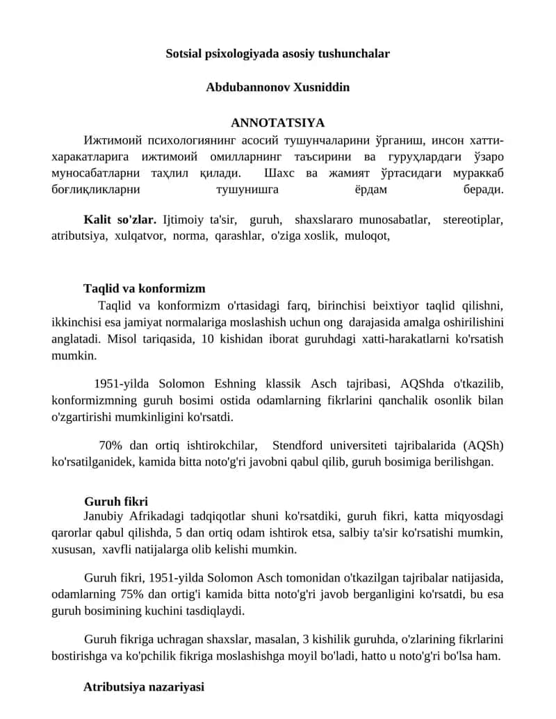 Sotsial psixologiyada asosiy tushunchalar