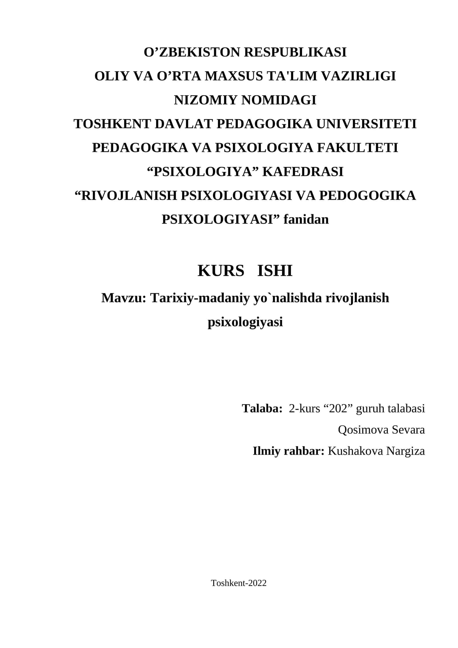 RIVOJLANISH PSIXOLOGIYASI VA PEDOGOGIKA PSIXOLOGIYASI