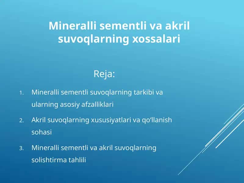 Mineralli sementli va akril suvoqlarning xossalari