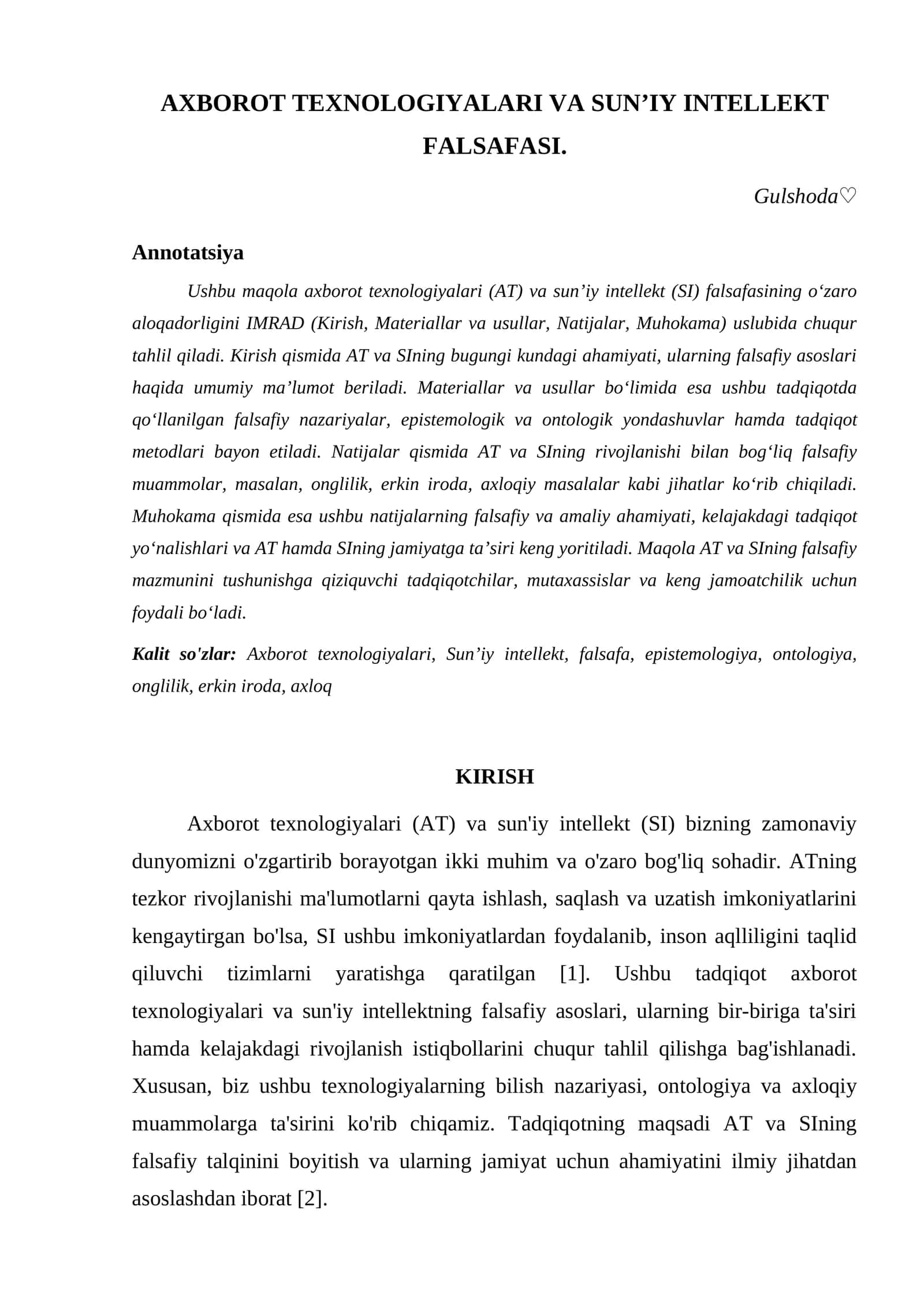 Axborot Texnologiyalari va Sun’iy Intellekt Falsafasi