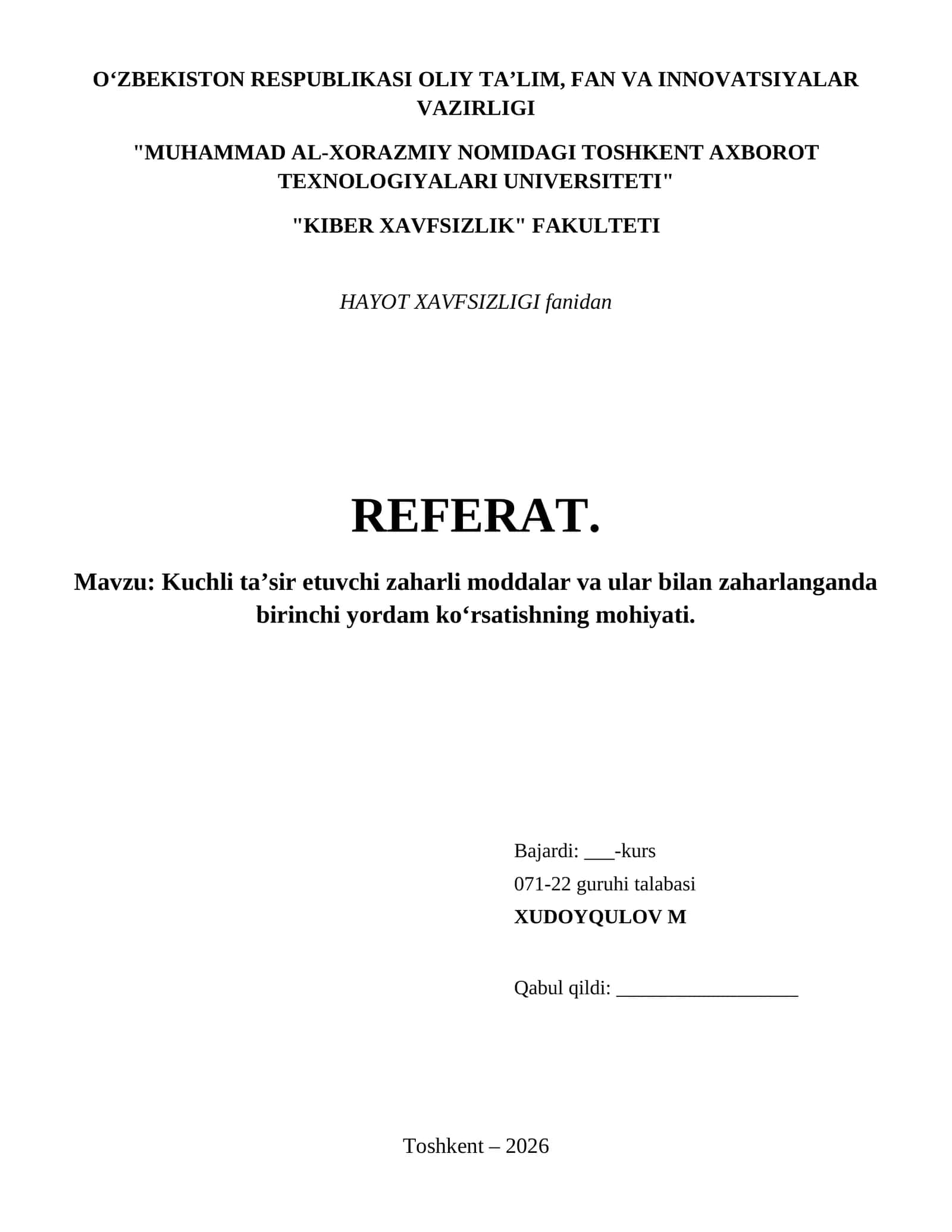 Kuchli ta’sir etuvchi zaharli moddalar va ular bilan zaharlanganda birinchi yordam ko‘rsatishning mohiyati.