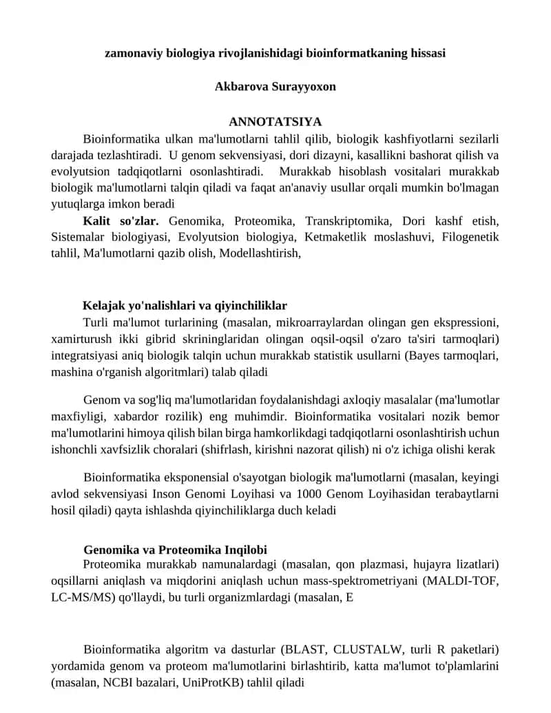 Zamonaviy biologiya rivojlanishidagi bioinformatkaning hissasi