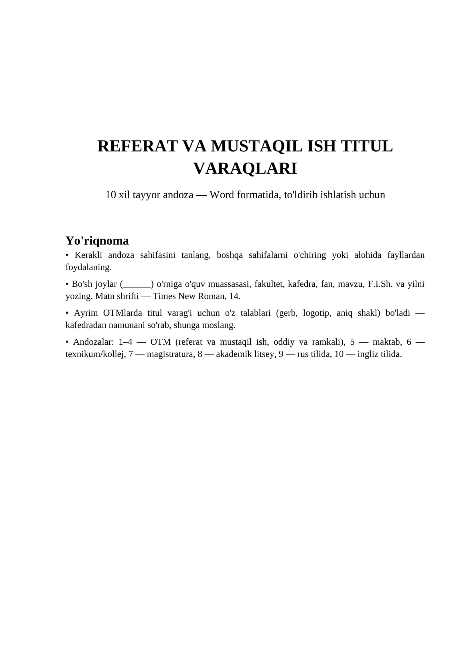 Referat va mustaqil ish titul varagi namunalari 10 xil word andoza