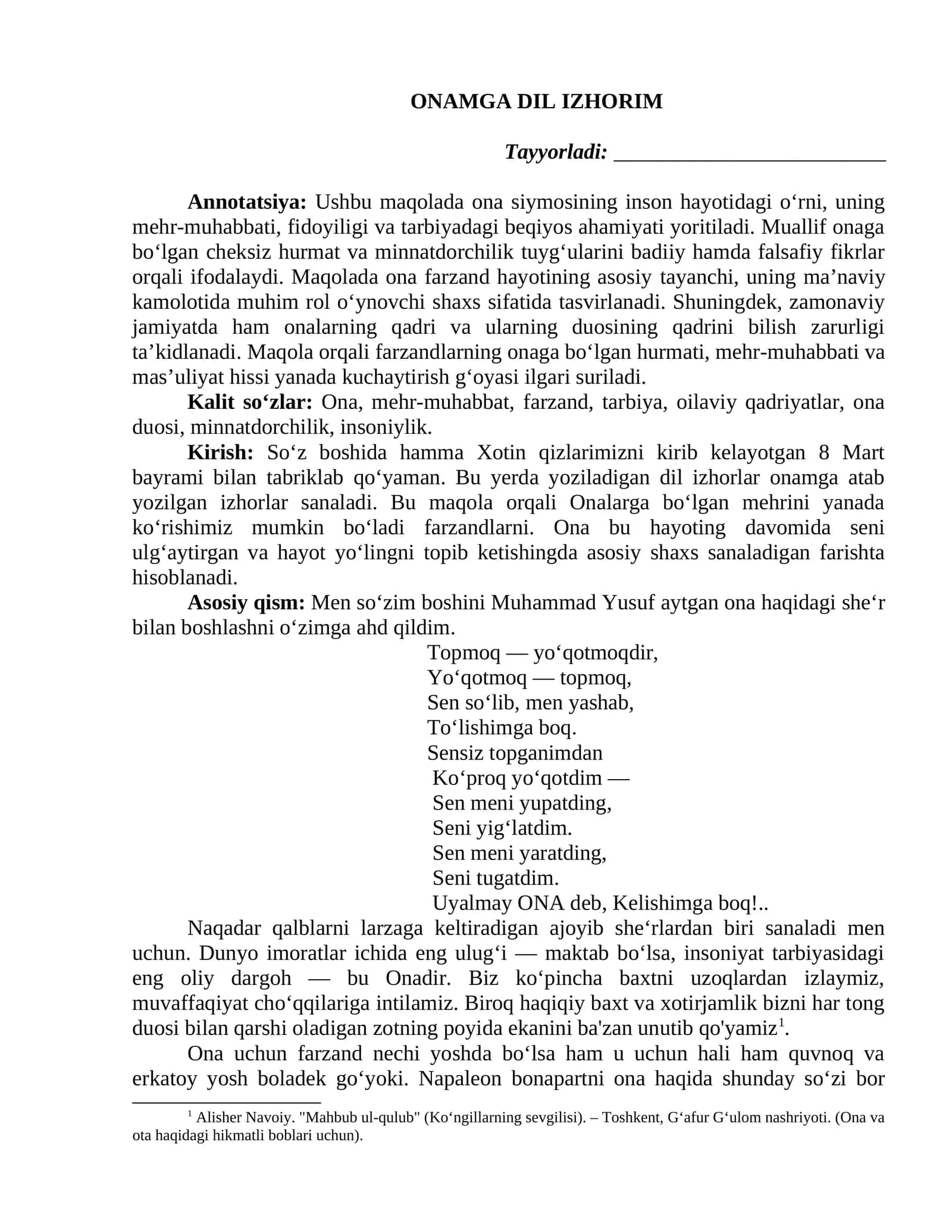 Onamga dil izhorim maqola