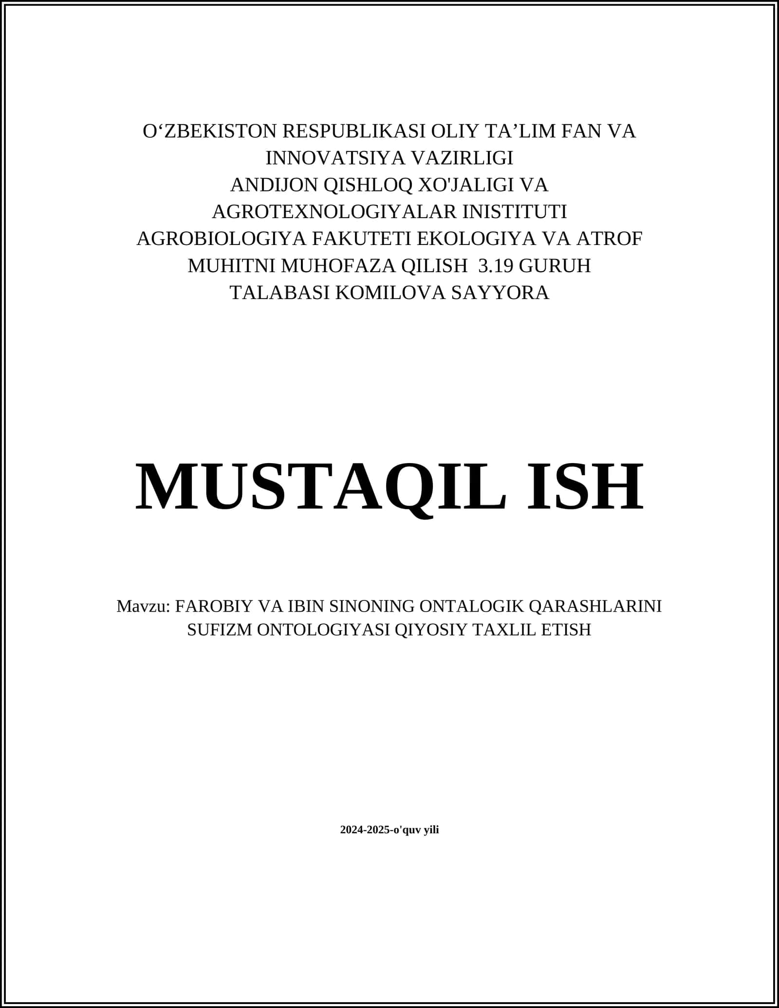 FAROBIY VA IBIN SINONING ONTALOGIK QARASHLARI