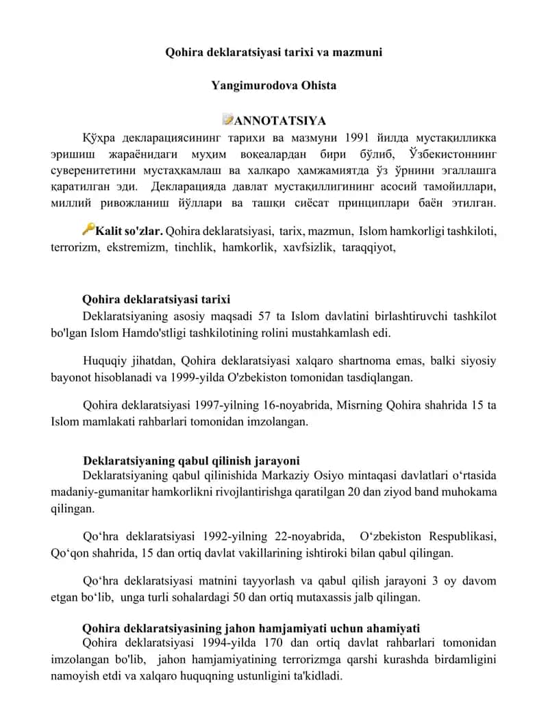 Qohira deklaratsiyasi tarixi va mazmuni