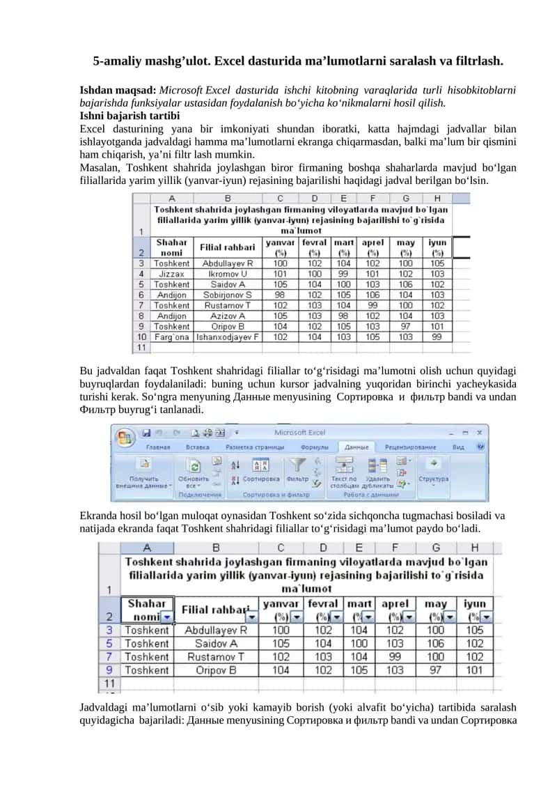 5-amaliy mashg’ulot. Excel dasturida ma’lumotlarni saralash va filtrlash