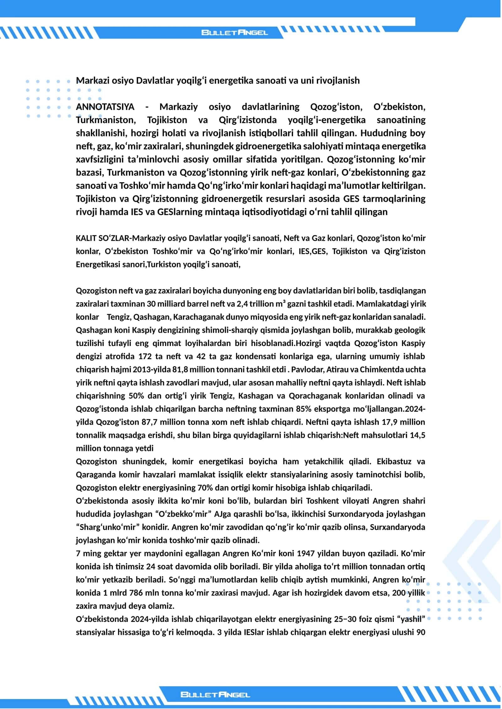 Markazi osiyo Davlatlar yoqilgʻi energetika sanoati va uni rivojlanish