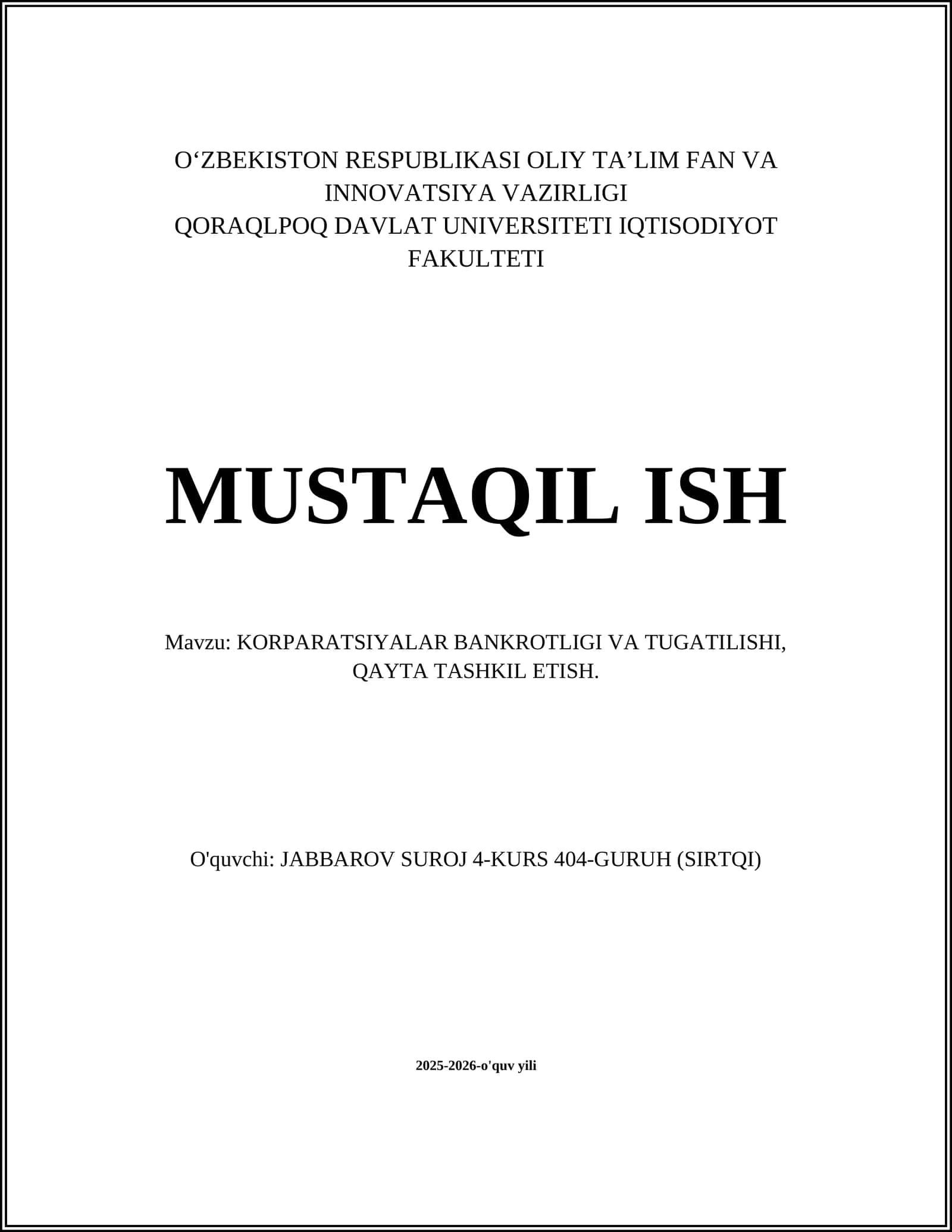 Korporatsiyalar Bankrotligi va Tugatilishi, Qayta Tashkil Etish