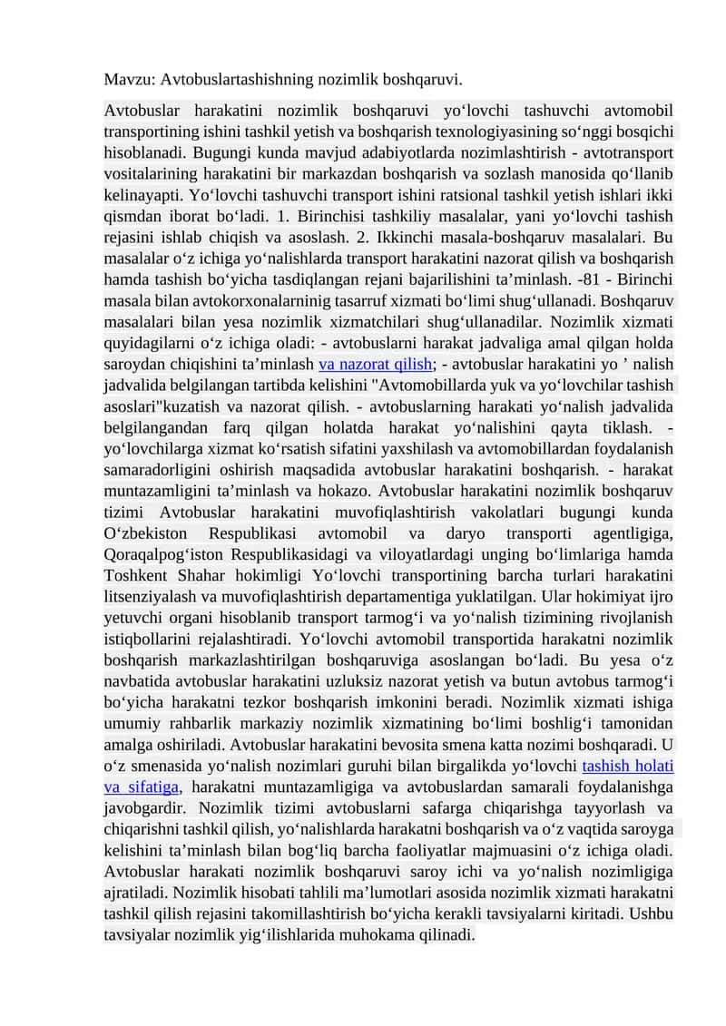 Avtobuslartashishning nozimlik boshqaruvi