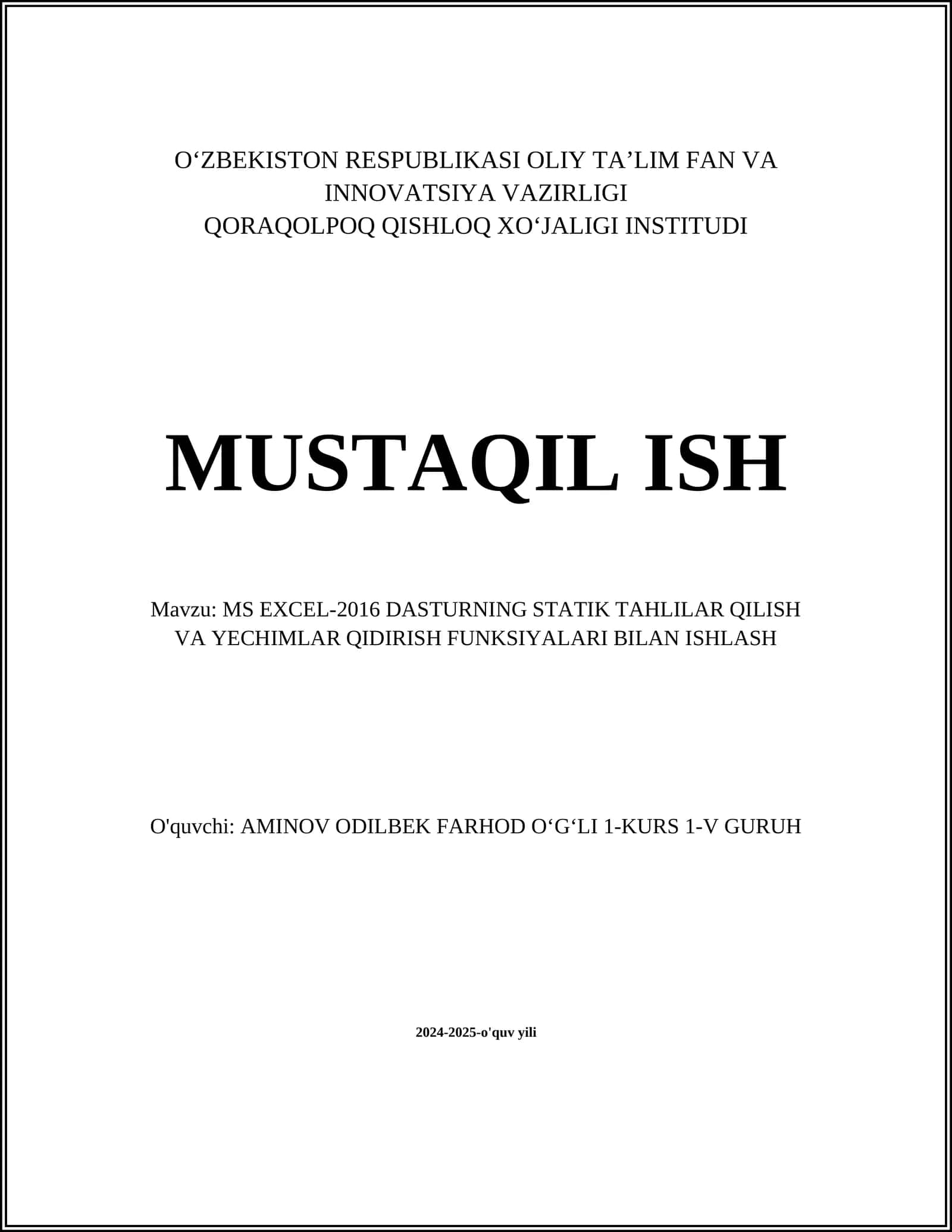 MS EXCEL-2016 DASTURNING STATIK TAHLILAR QILISH VA YECHIMLAR QIDIRISH FUNKSIYALARI BILAN ISHLASH