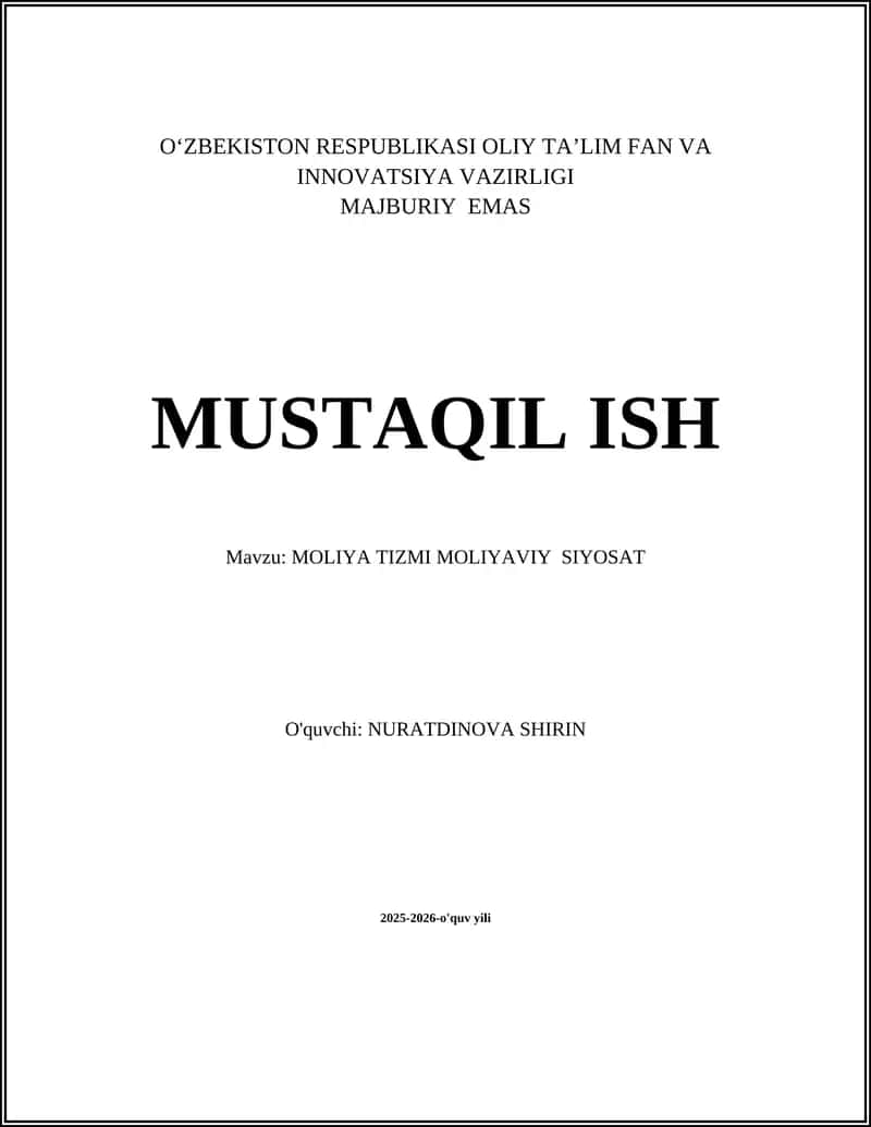 Moliya Tizmi Moliyaviy Siyosat