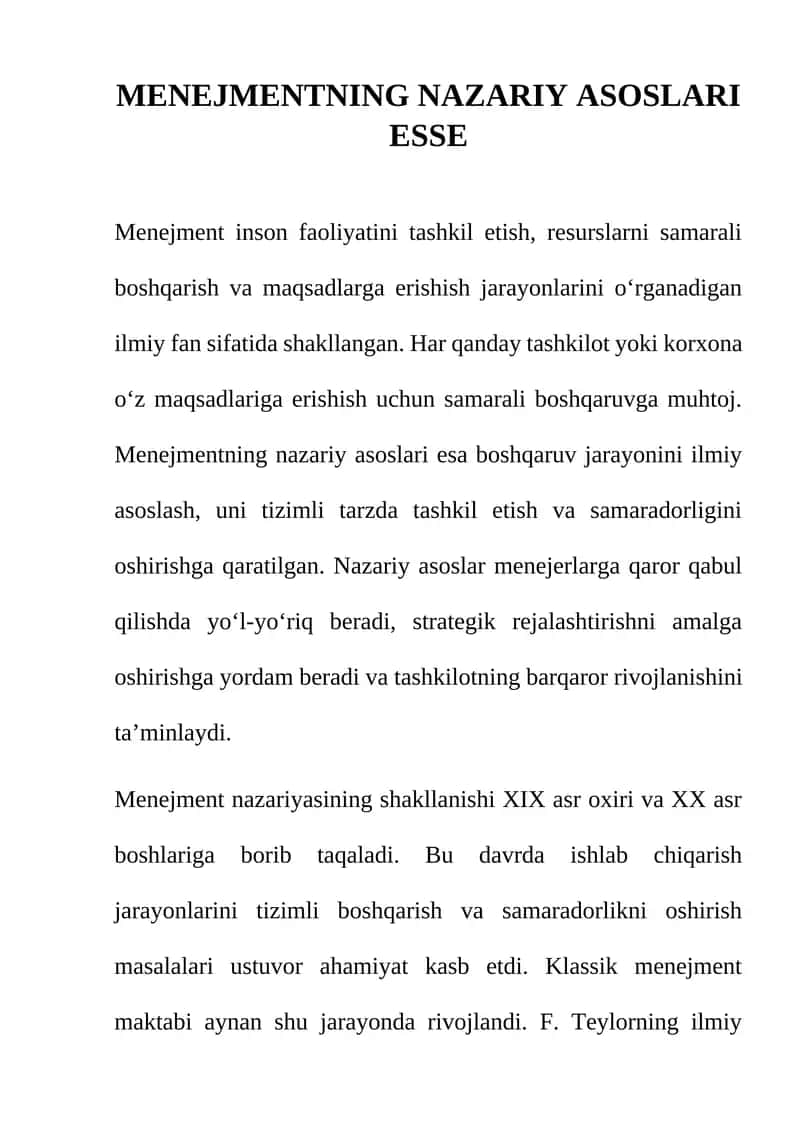 MENEJMENTNING NAZARIY ASOSLARI ESSE