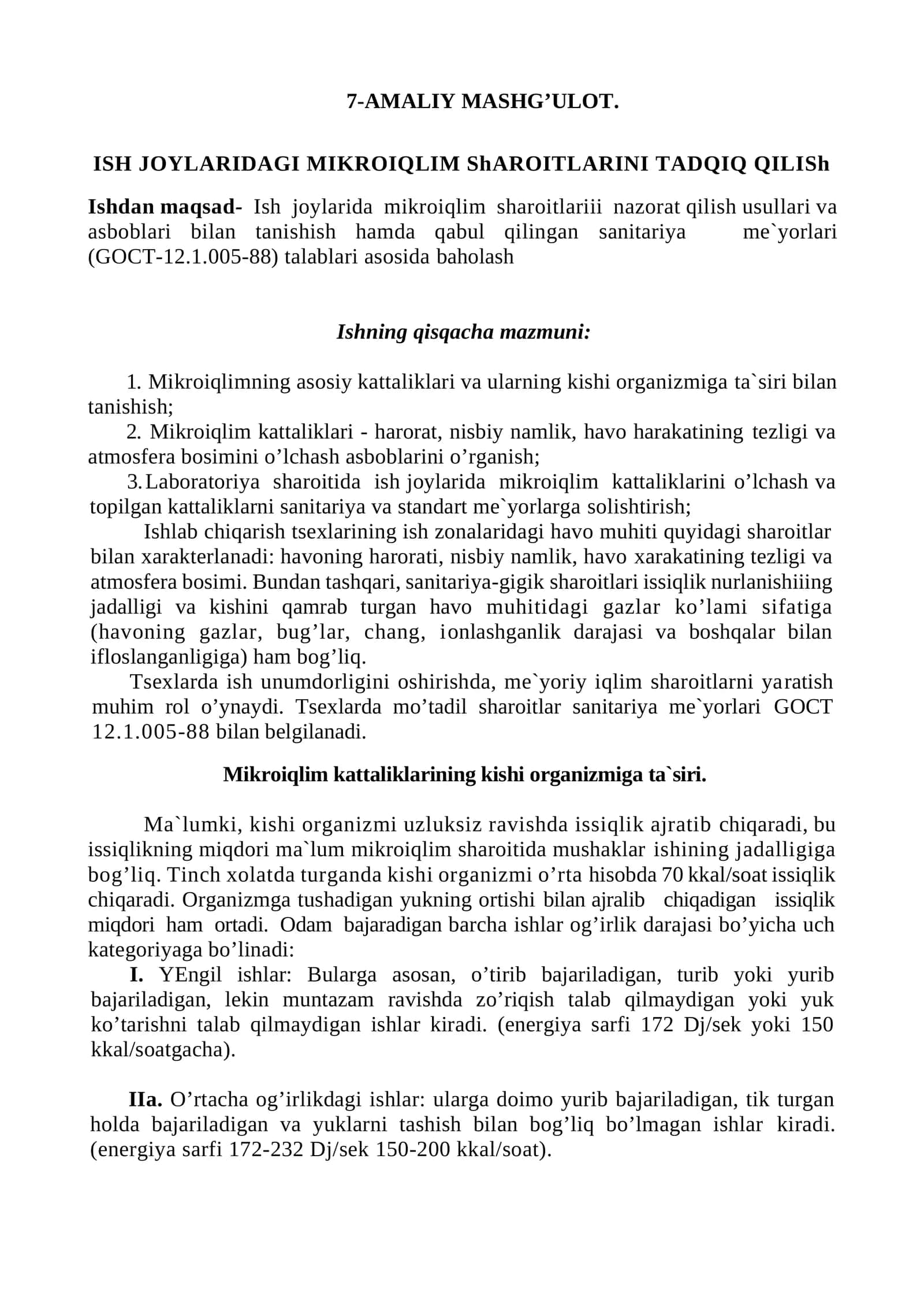 ISH JOYLARIDAGI MIKROIQLIM ShАROITLАRINI TАDQIQ QILISh