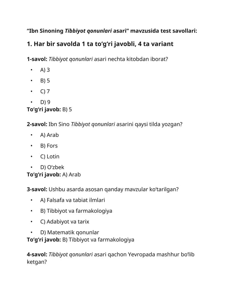 "Ibn Sinoning Tibbiyot qonunlari asari" test savollari