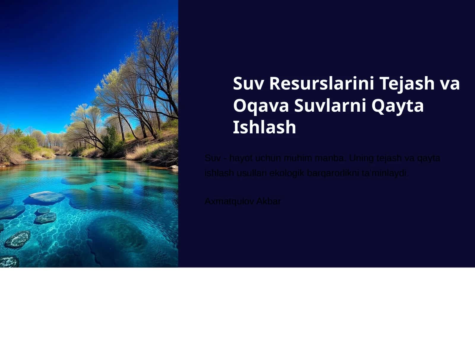 Suv Resurslarini Tejash va Oqava Suvlarni Qayta Ishlash