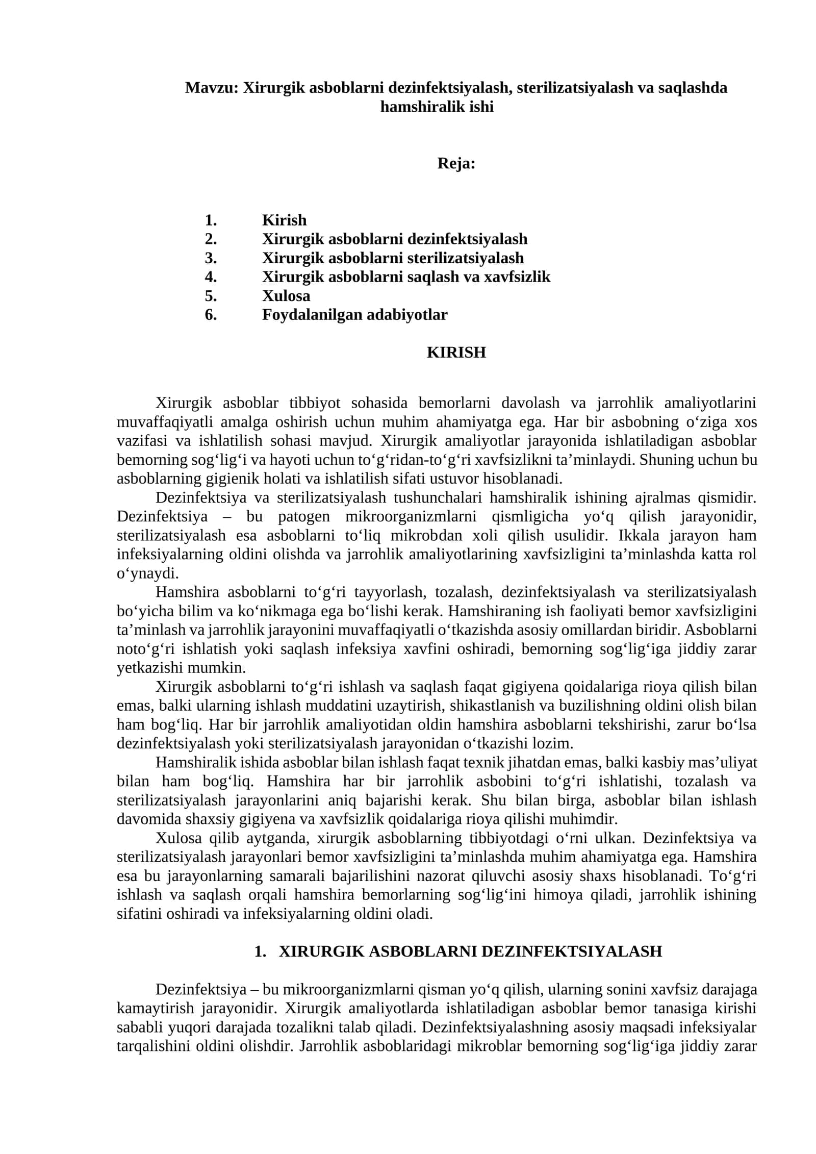 Xirurgik asboblarni dezinfektsiyalash, sterilizatsiyalash va saqlashda hamshiralik ishi