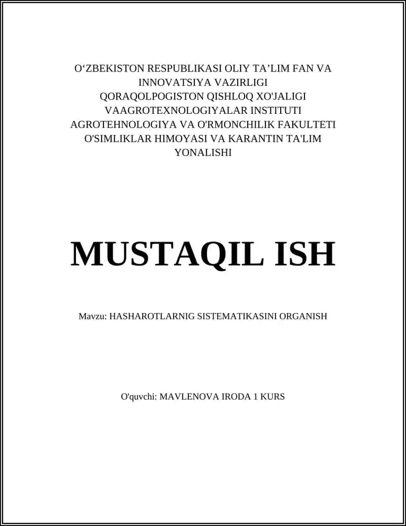 HASHAROTLARNIG SISTEMATIKASINI ORGANISH