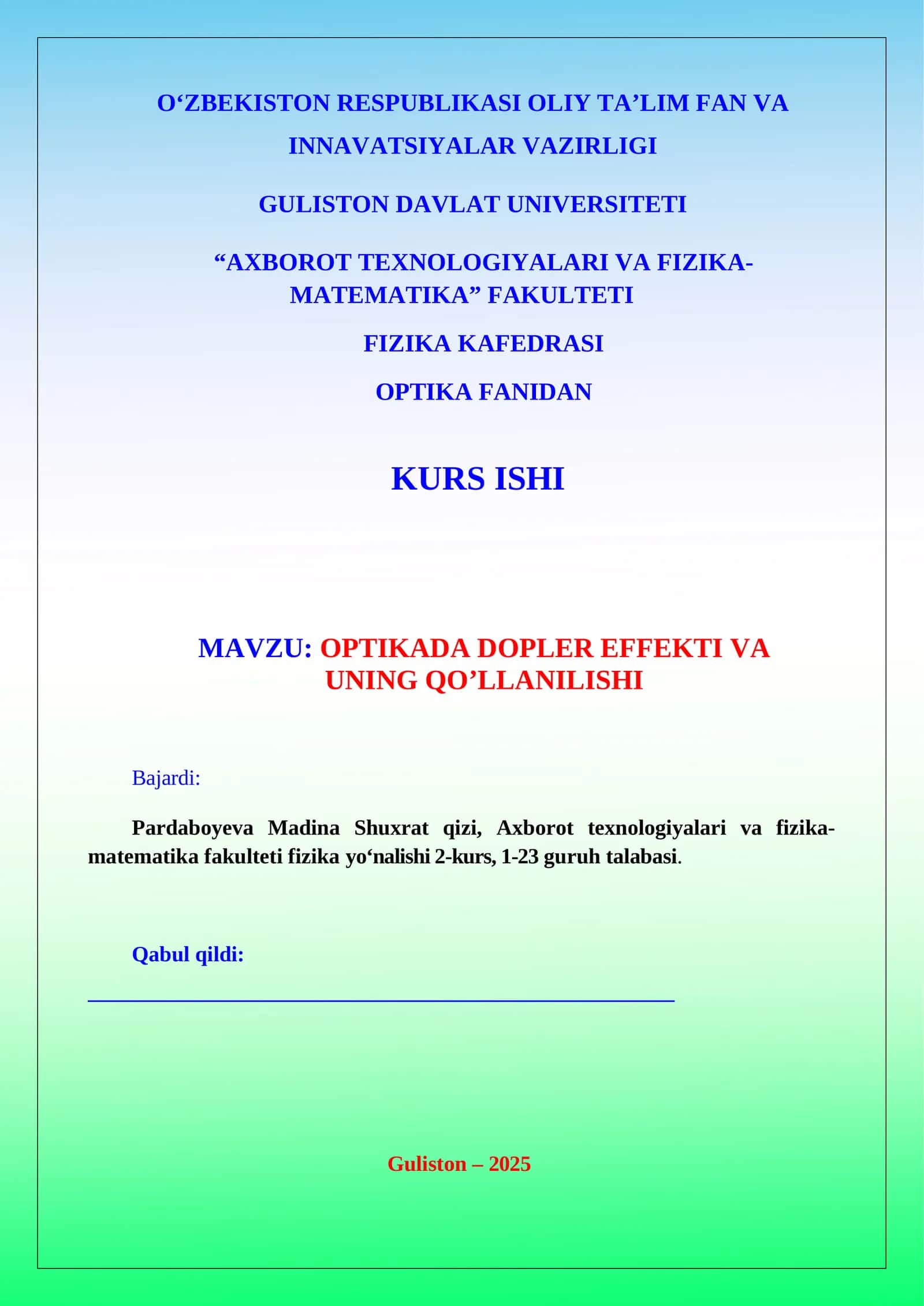 Optikada Dopler effekti va uning qo’llanilishi