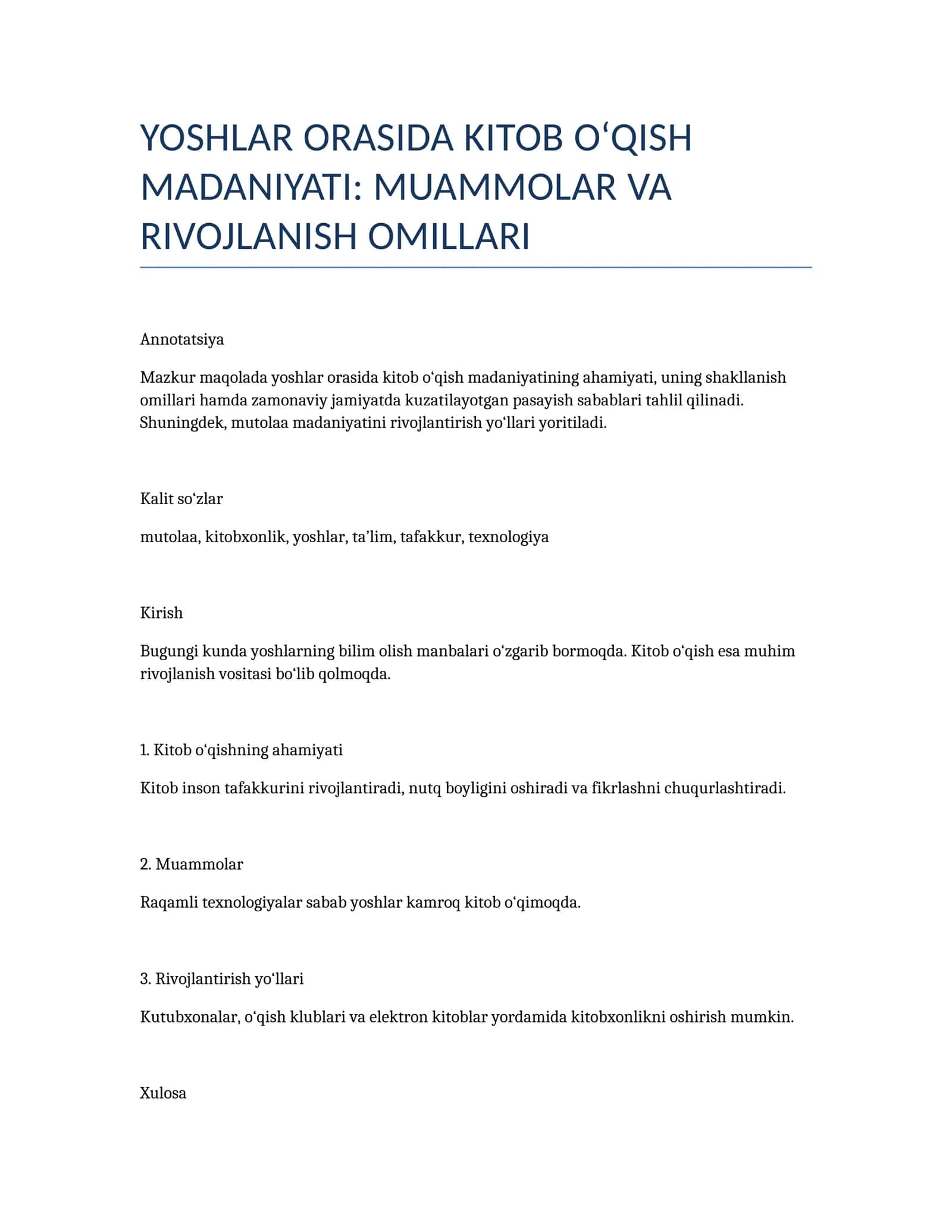 YOSHLAR ORASIDA KITOB O‘QISH MADANIYATI: MUAMMOLAR VA RIVOJLANISH OMILLARI